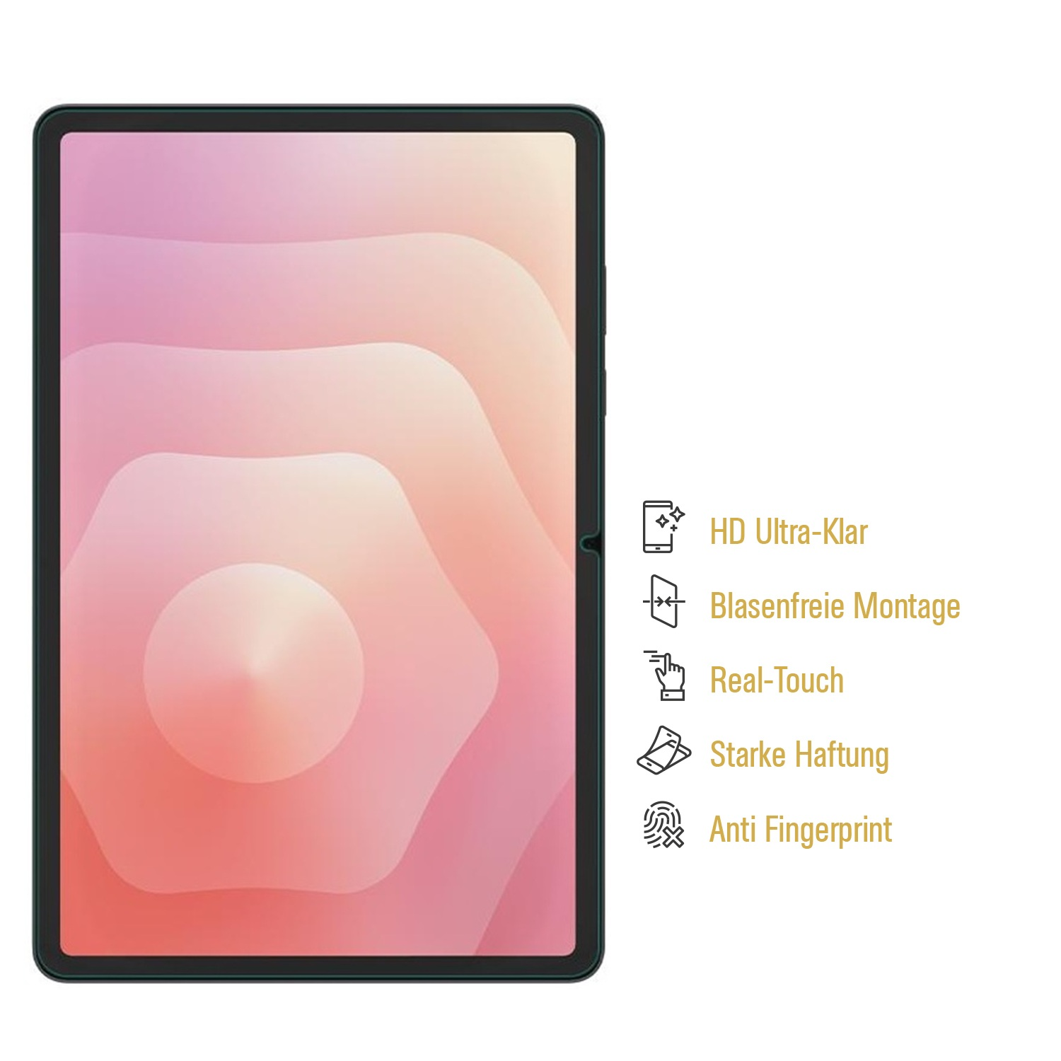 Tablet-Bildschirm mit Gradienten-Design. Text hebt Merkmale hervor: HD-Klarheit, blasenfreie Installation, Real-Touch, starke Haftung und Anti-Fingerabdruck.