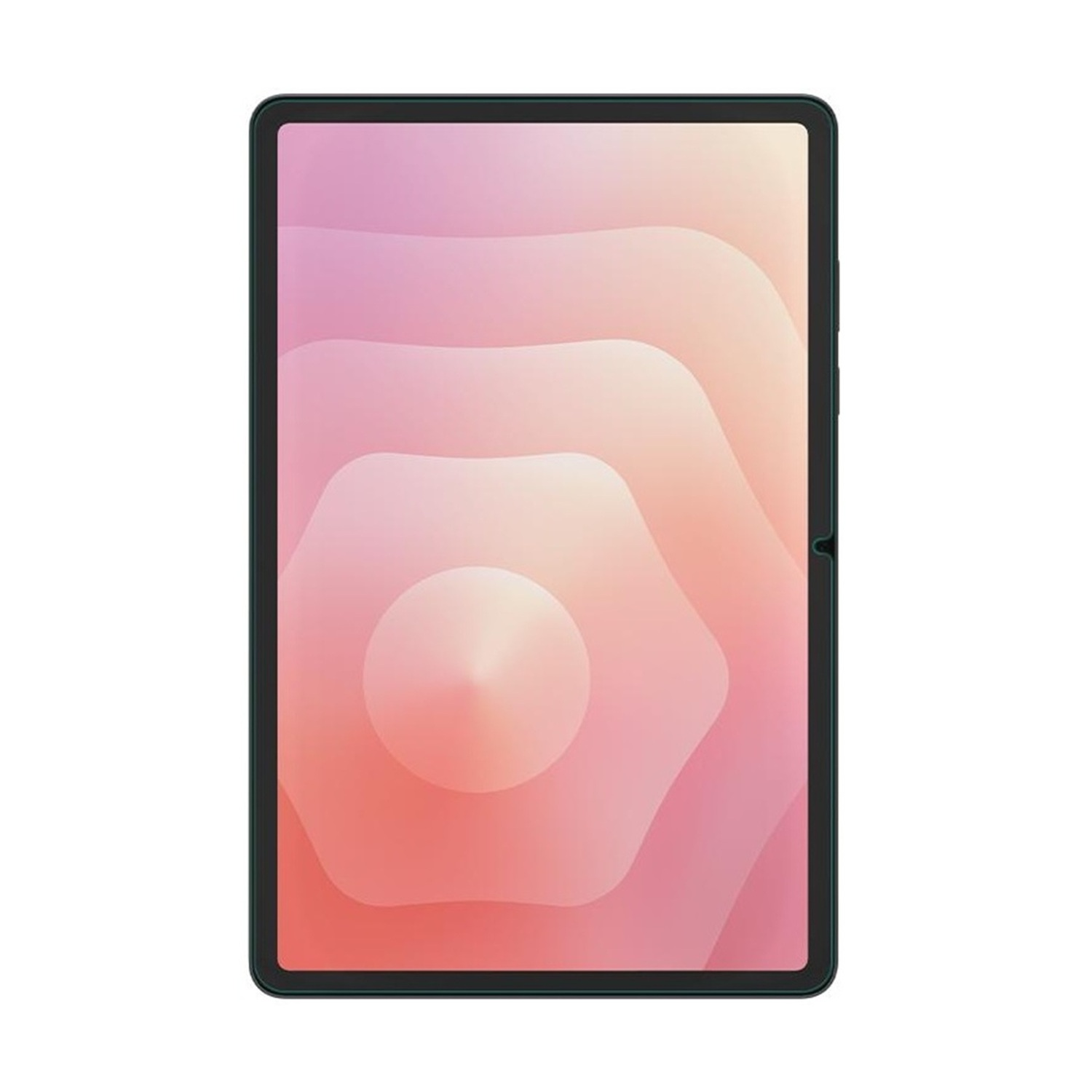 Ein Tablet mit schwarzem Rahmen. Der Bildschirm zeigt ein abstraktes Design in Rosa, Weiß und Pfirsichfarben.