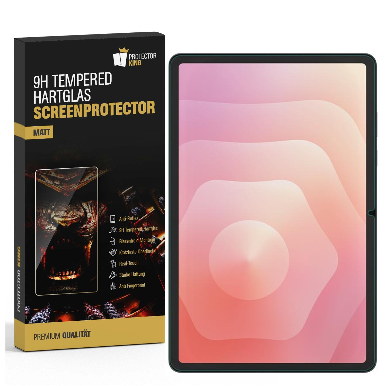 Eine Displayschutzfolienbox und ein Tablet. Die Box ist schwarz mit weißem Text und einem Bild. Das Tablet zeigt rosa und weiße Farbverläufe.