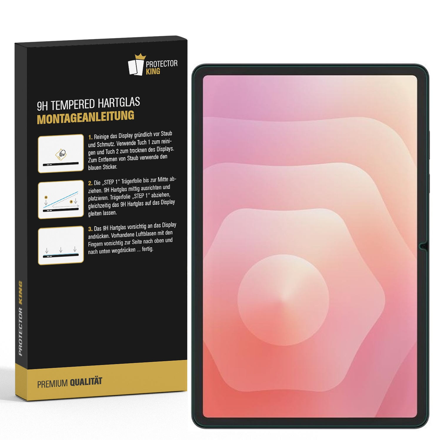 Ein Tablet mit einer Displayschutzfolien-Installationsanleitung. Eine Box mit Anweisungen links und das Tablet rechts.
