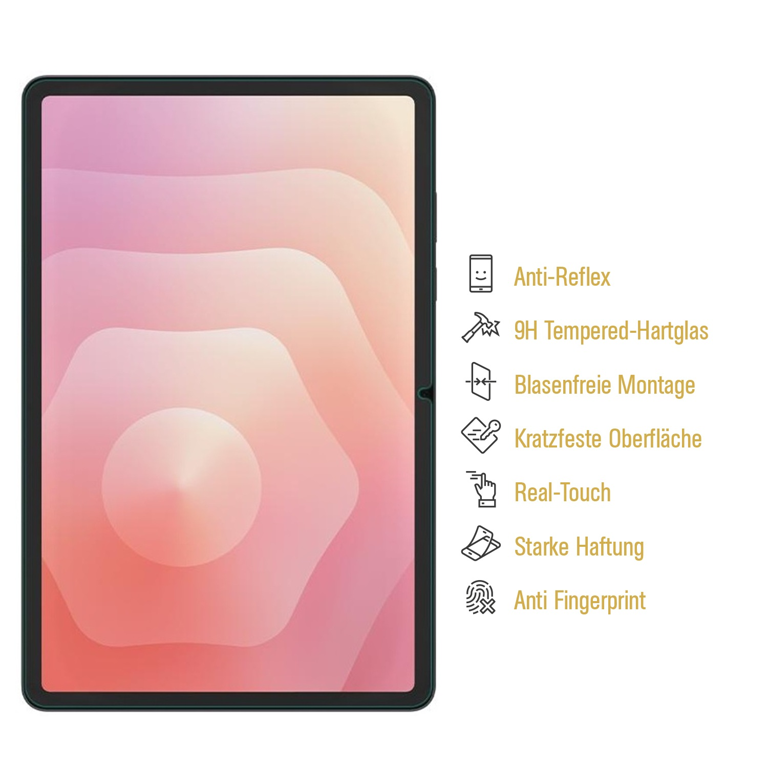 Ein Tablet-Displayschutz mit rosa und weißem Farbverlauf. Text hebt Funktionen wie Entspiegelung und Anti-Fingerprint hervor.