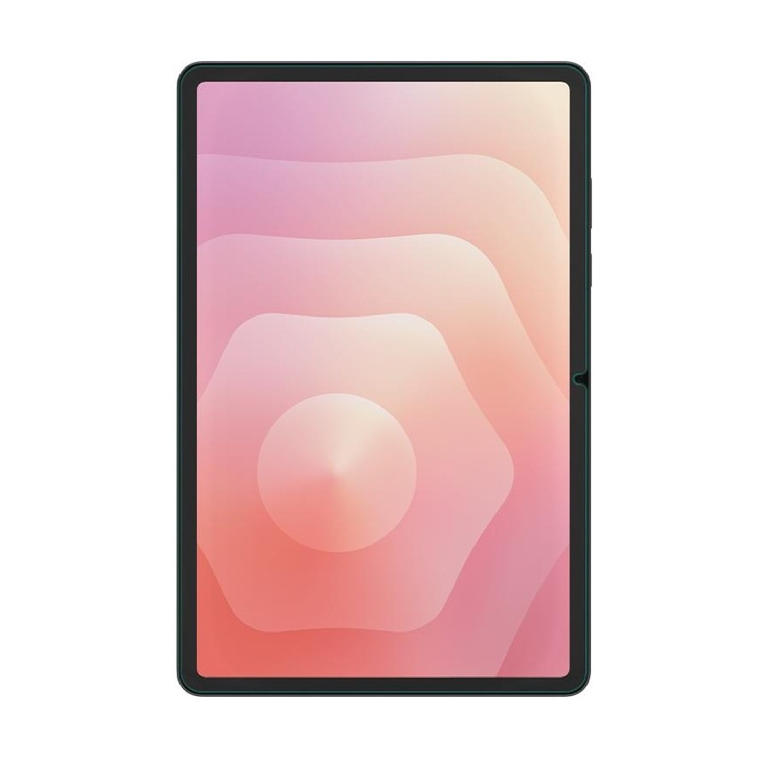 Tablet mit Bildschirm, der ein rosa-weißes Farbverlaufsdesign zeigt. Das Tablet hat einen dunklen Rahmen und ist vor weißem Hintergrund.