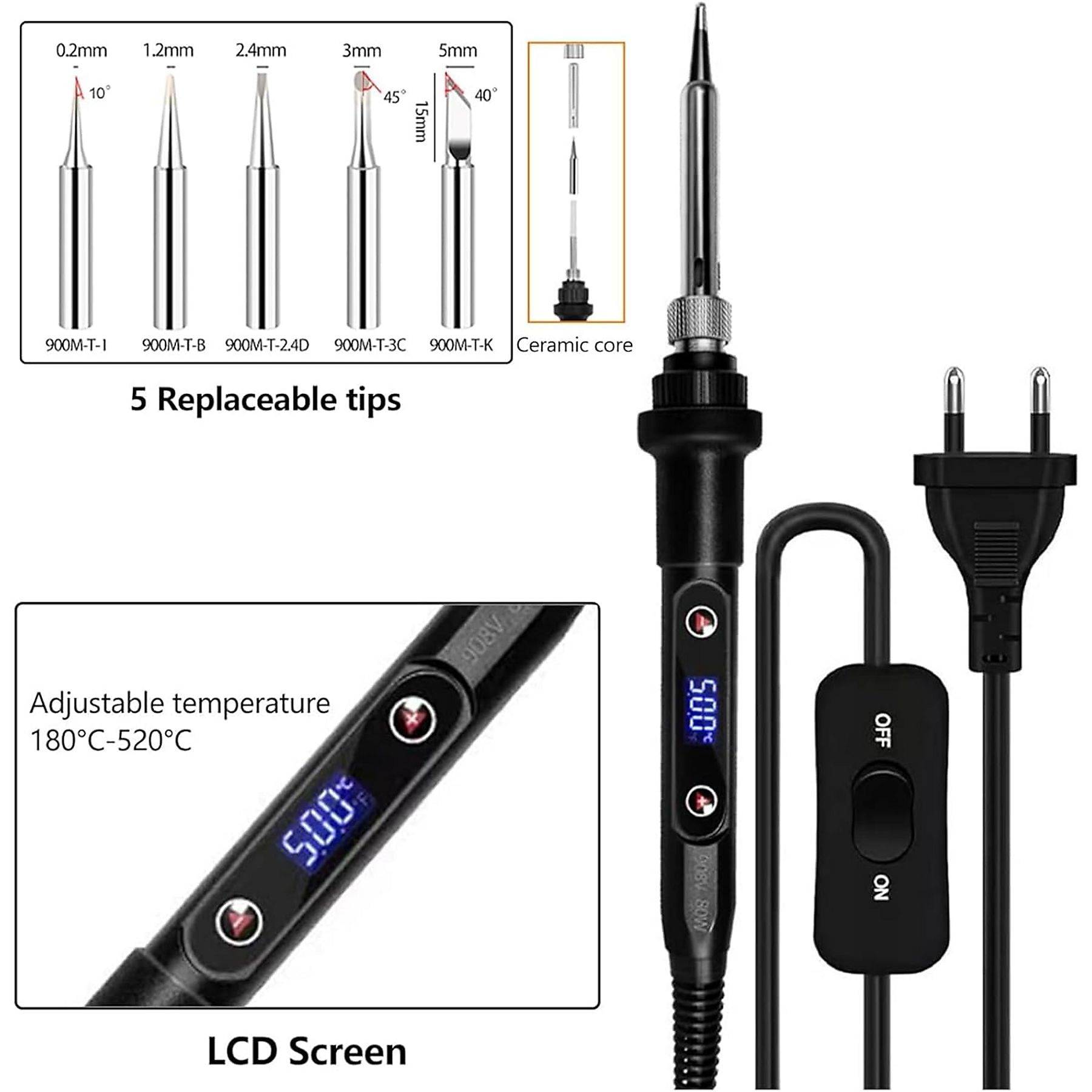 Lötkolben mit 5 Spitzen, LCD-Bildschirm und einstellbarer Temperatur. Zeigt Ein-/Ausschalter und Netzstecker.