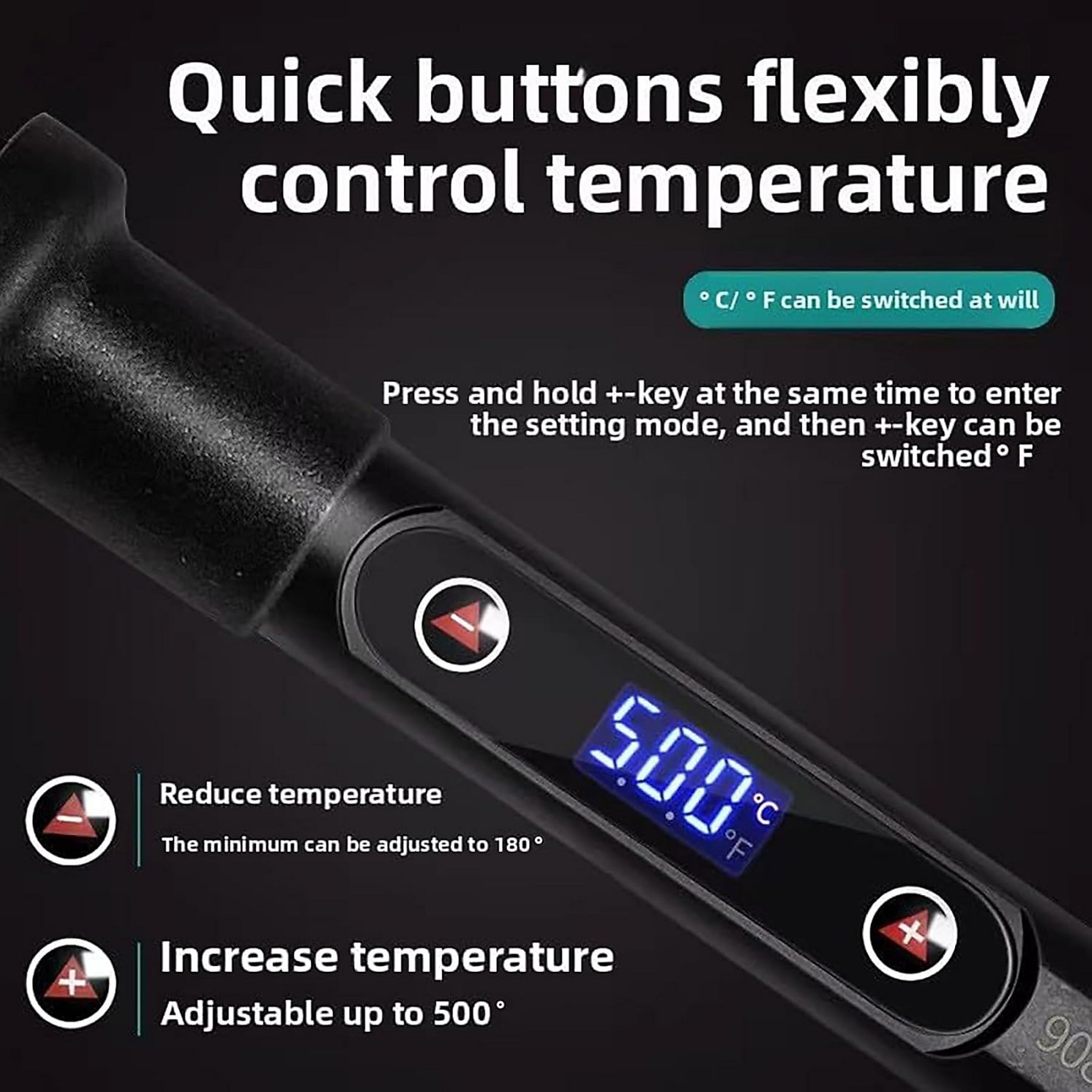 Schwarzer Lötkolben mit Digitalanzeige, die 500 °F anzeigt. Tasten zur Temperaturregelung. Text zeigt den Temperaturregelbereich an.