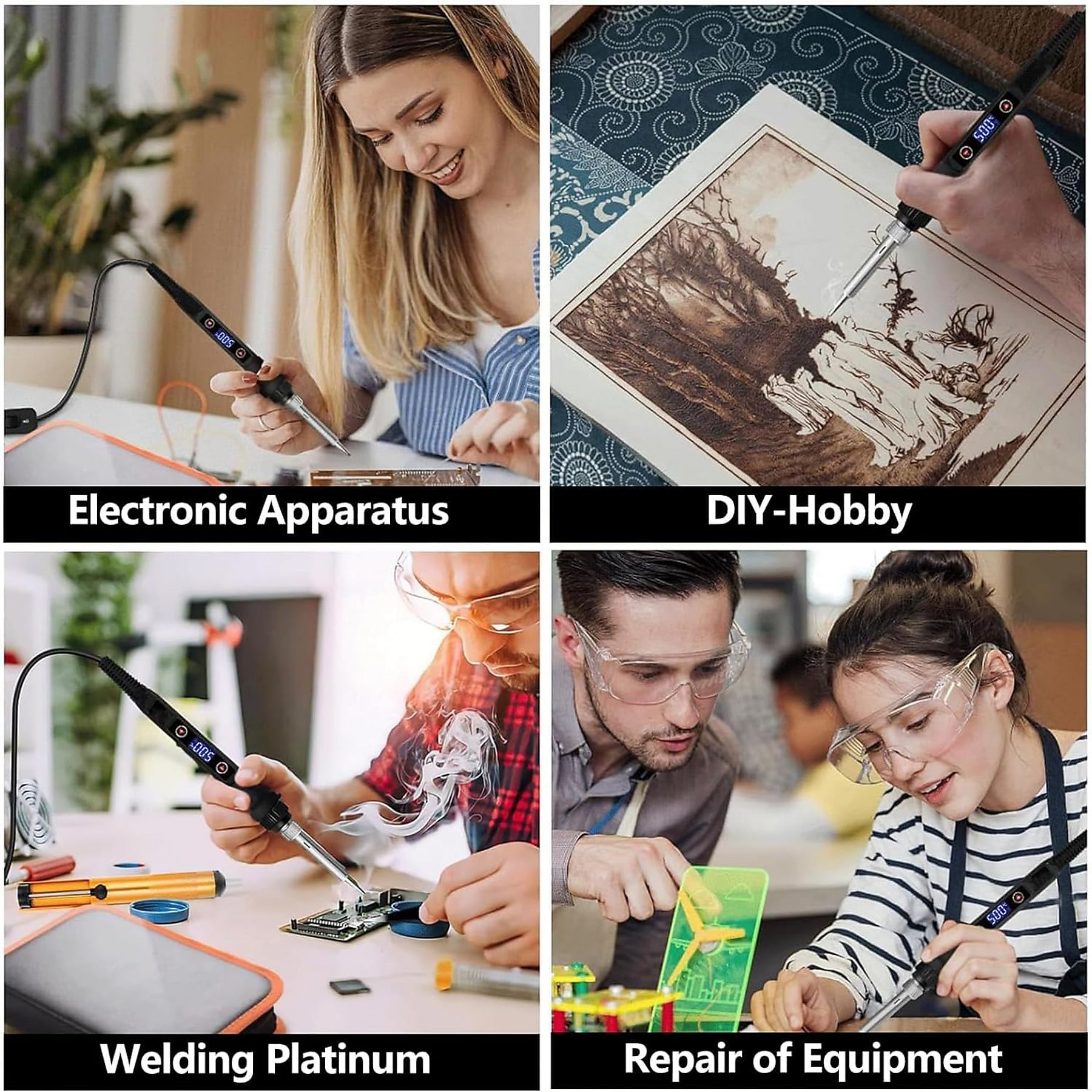 Vier Bilder zeigen Löten. Personen verwenden Lötkolben für elektronische Geräte, DIY-Hobby, Schweißen von Platin und Reparatur.