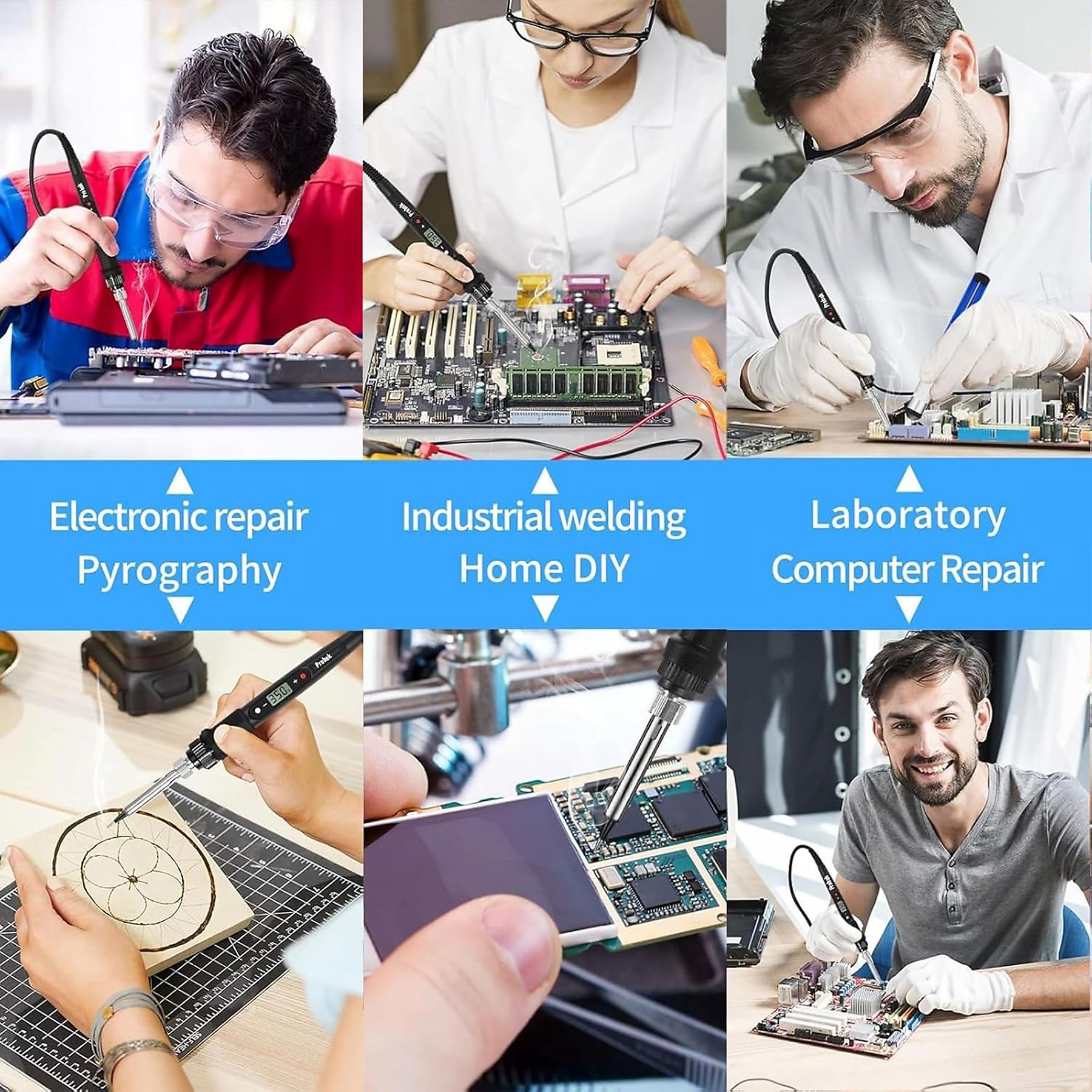 Eine Collage, die Menschen zeigt, die Lötkolben für Elektronikreparaturen, Industrieschweißen und Computerreparaturen verwenden.