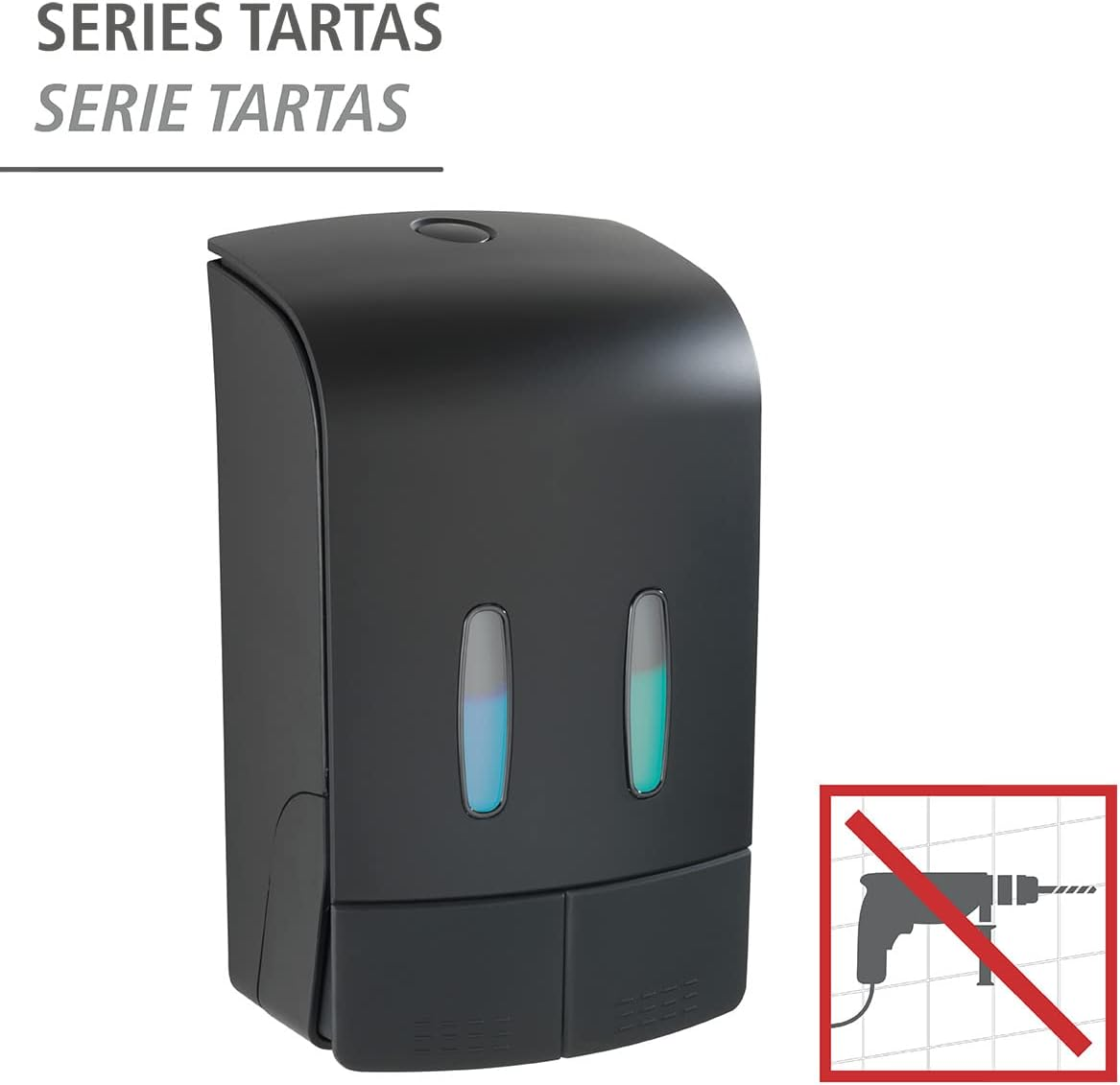 Ein schwarzer Seifenspender mit zwei Fenstern, die den Flüssigkeitsstand anzeigen. Unten rechts befindet sich ein Symbol ohne Bohren.