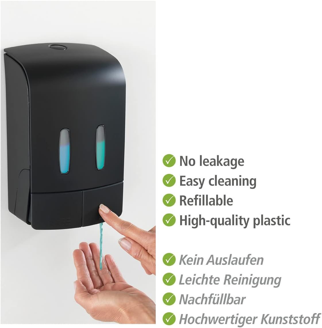 Ein schwarzer Seifenspender gibt Flüssigkeit auf eine Hand ab. Merkmale sind kein Auslaufen, leichte Reinigung, nachfüllbar und hochwertiger Kunststoff.