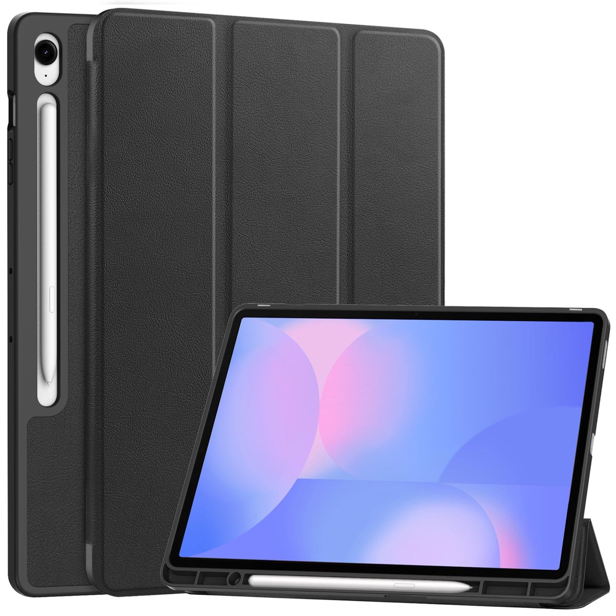 Schwarzes Tablet mit Hülle und Stift. Der Bildschirm zeigt ein blaues und rosa Muster. Die Hülle ist gefaltet.