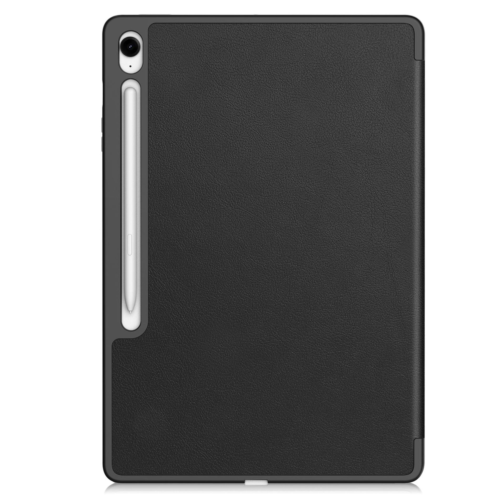 Schwarze Tablethülle mit Stift. Die Hülle hat eine strukturierte Oberfläche. Der Stift ist weiß.