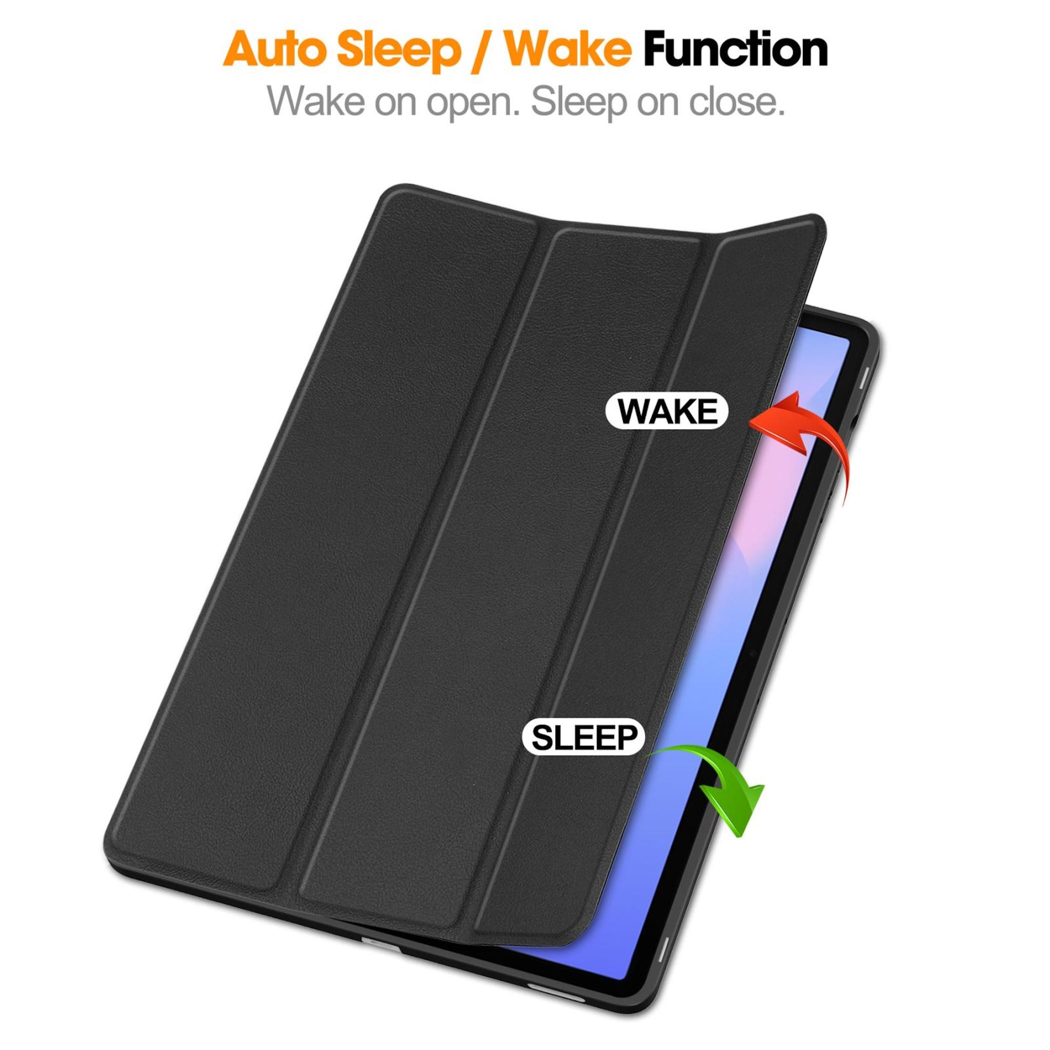 Schwarze Tablethülle mit 'Wake'- und 'Sleep'-Etiketten, Pfeile zeigen Öffnungs- und Schließfunktionen. Weißer Hintergrund.