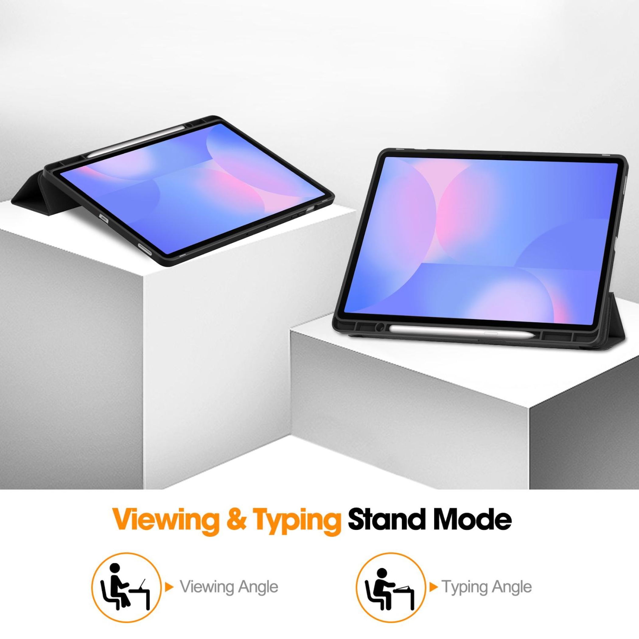 Zwei Tablets auf weißen Blöcken, die Betrachtungs- und Tippwinkel zeigen. Text darunter: 'Viewing & Typing Stand Mode'.