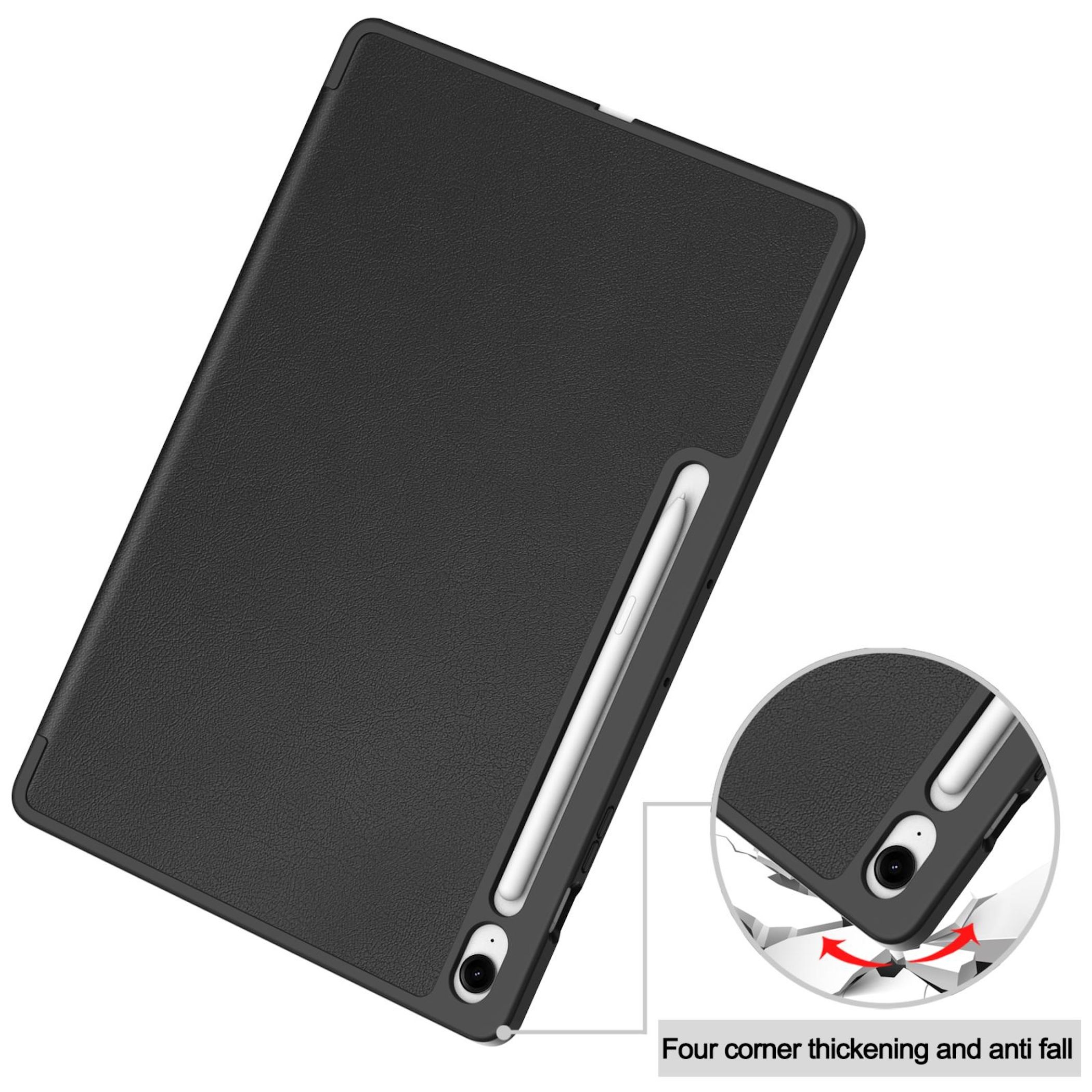 Schwarze Tablet-Hülle mit weißem Stift. Das Bild zeigt eine Nahaufnahme des Tablets in einer Schutzhülle.