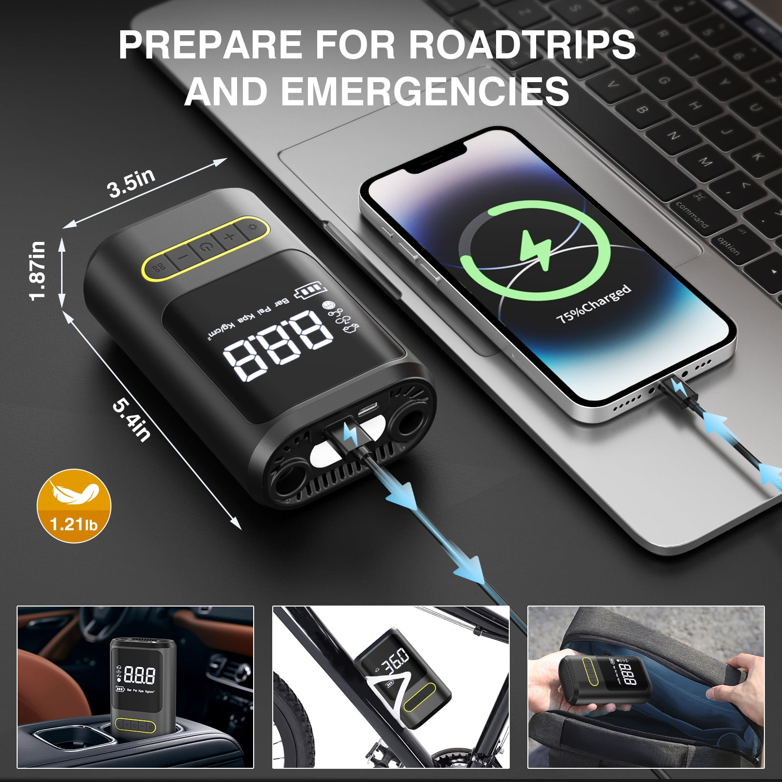 Schwarzer Reifenfüller mit Digitalanzeige, der ein Telefon auf einem Laptop auflädt. Text: Bereiten Sie sich auf Roadtrips und Notfälle vor.