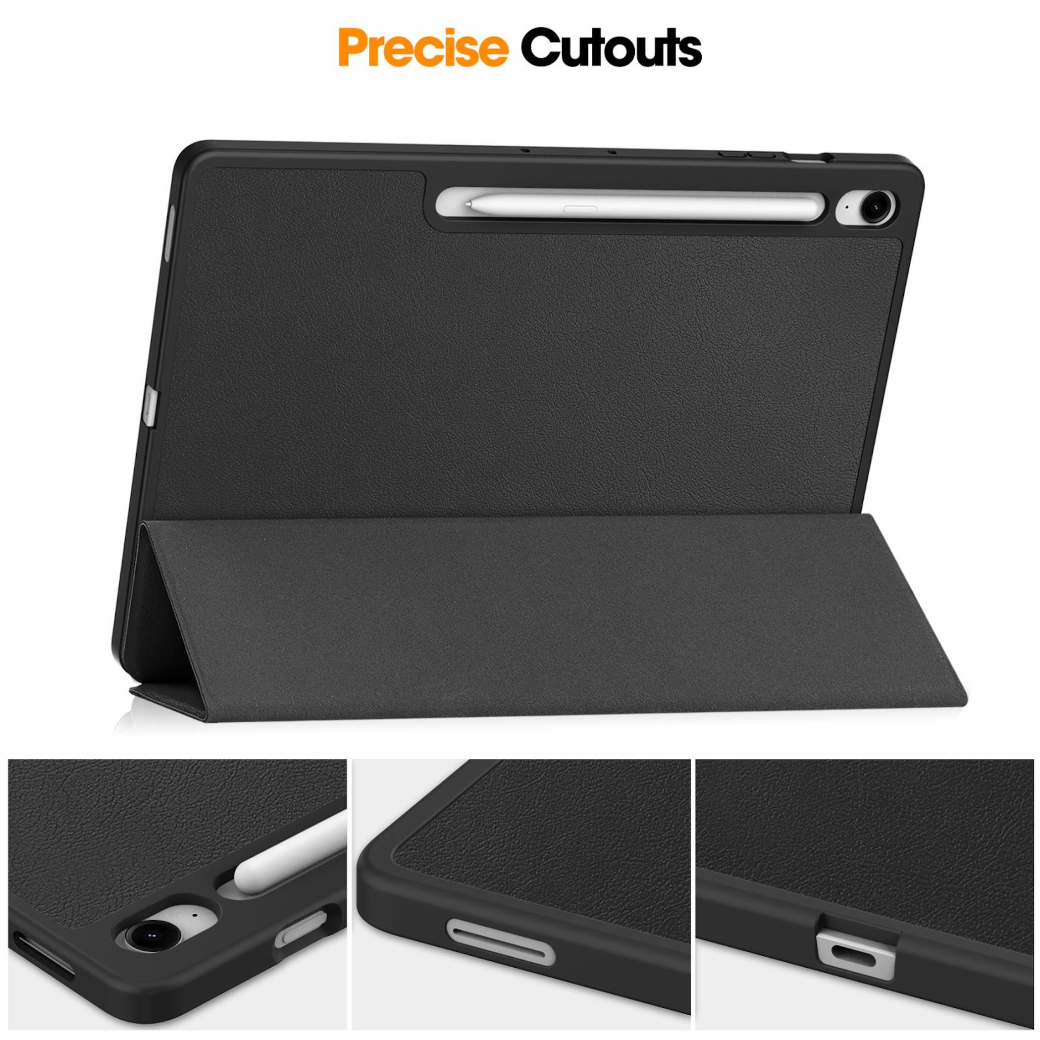 Schwarze Tablethülle mit einem weißen Stift darin. Die Hülle ist aufgeklappt. Oben steht 'Precise Cutouts'.