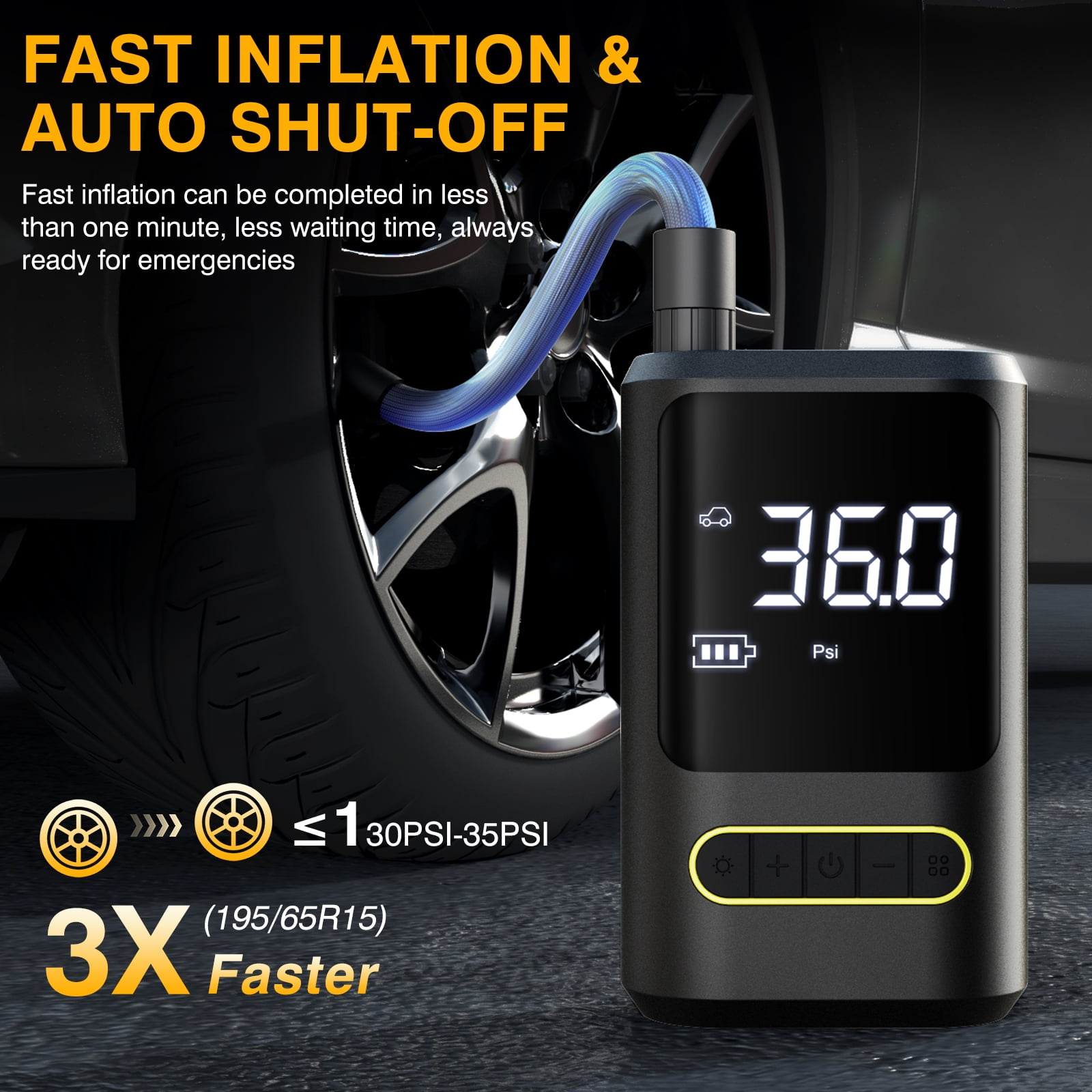 Ein Reifenfüller zeigt 36,0 PSI an. Ein Reifen und ein Auto sind sichtbar. Text sagt schnelle Inflation und automatische Abschaltung.