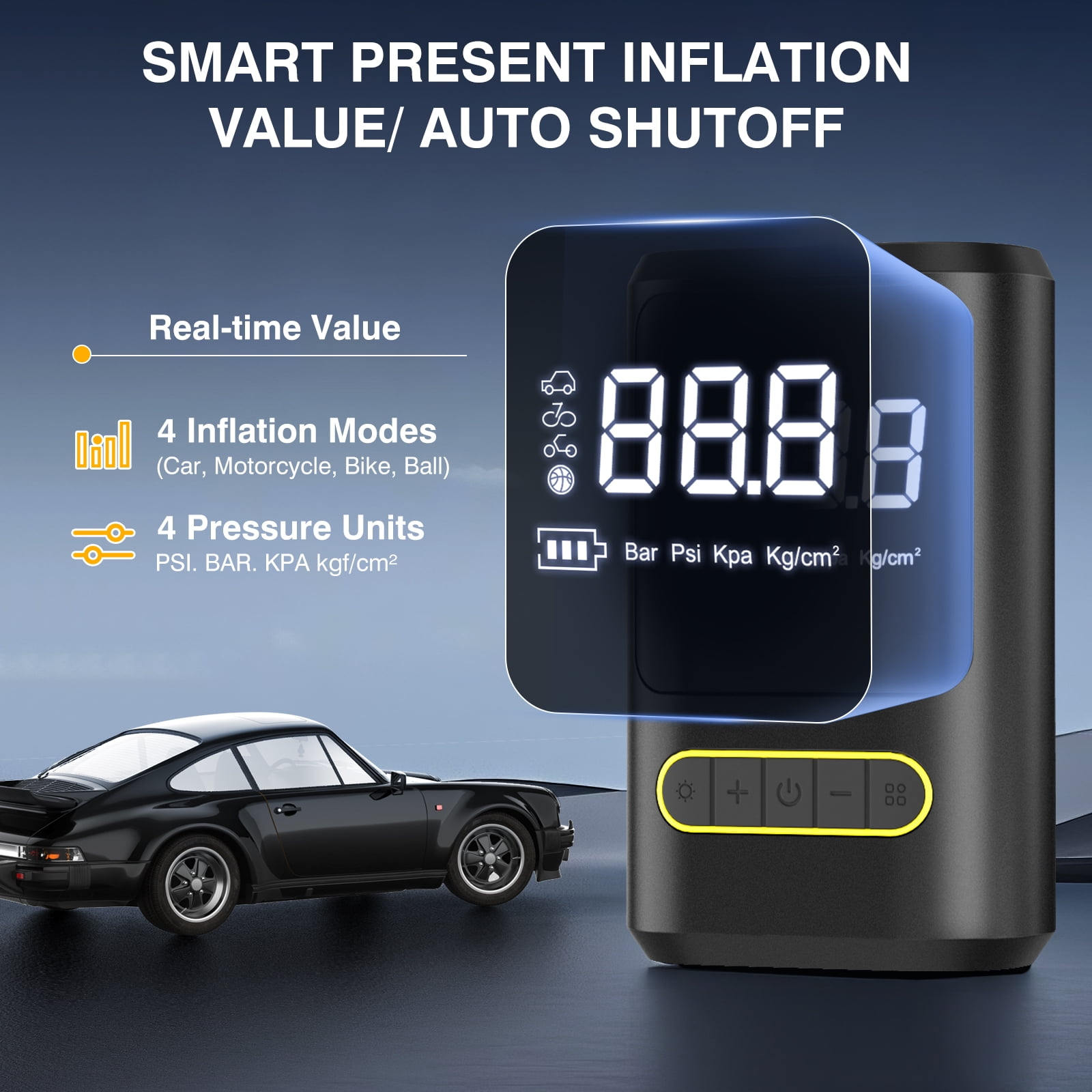 Schwarzer Reifenfüller mit Digitalanzeige, die 88,8 anzeigt. Ein schwarzes Auto im Vordergrund. Text: Smart Inflation.