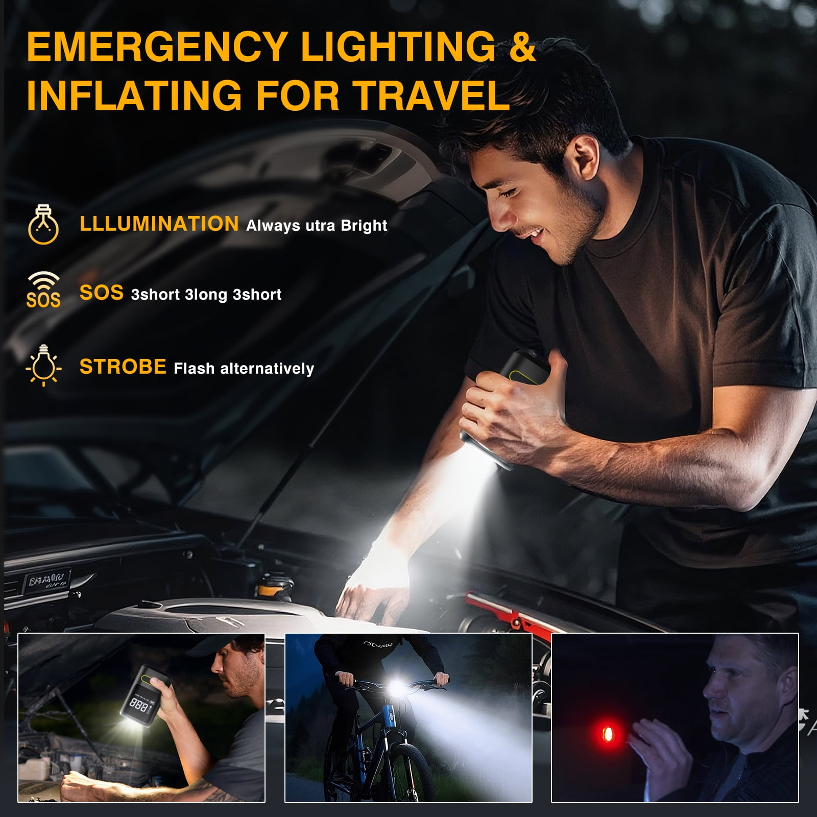 Ein Mann benutzt eine Taschenlampe an einem Automotor. Das Bild zeigt auch die Funktionen und Anwendungsfälle.