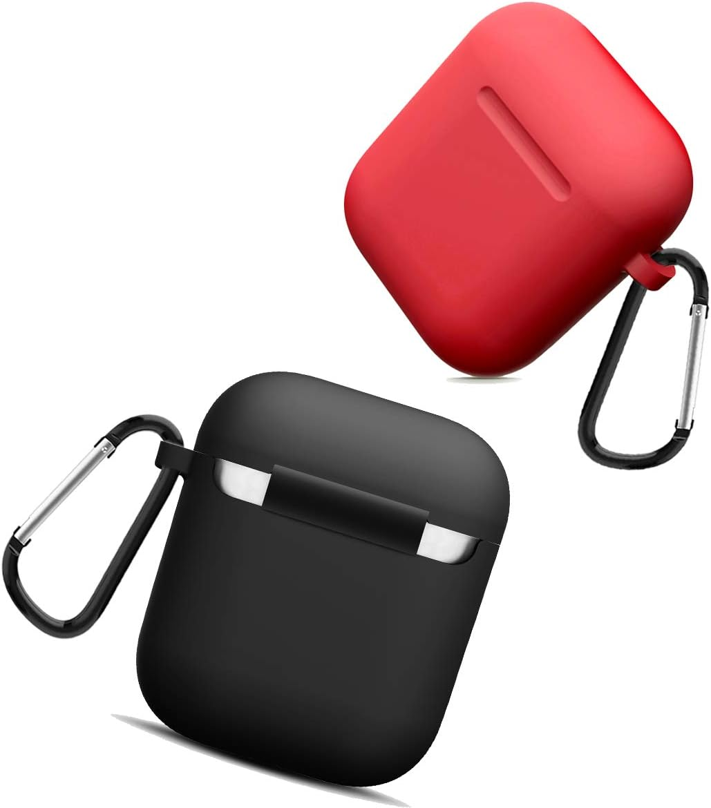 Zwei AirPod-Hüllen: eine rote und eine schwarze, beide mit Karabinerhaken. Sie befinden sich auf weißem Hintergrund.