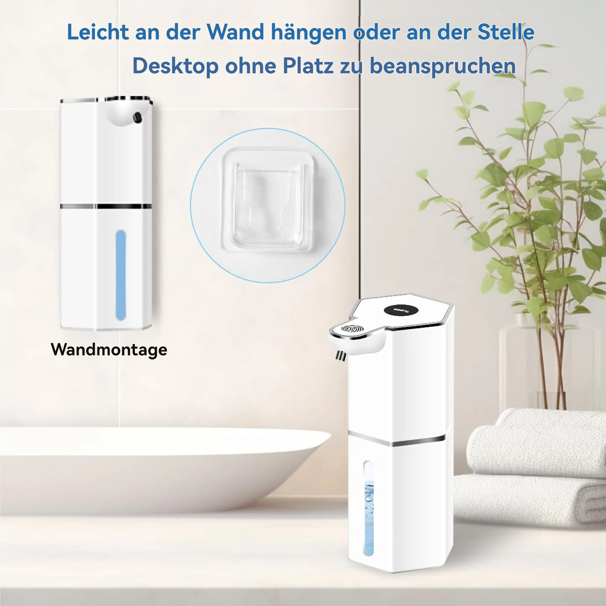 Weißer Seifenspender auf Theke mit Pflanze und Handtüchern. Text beschreibt Wandmontage und Desktop-Nutzung.