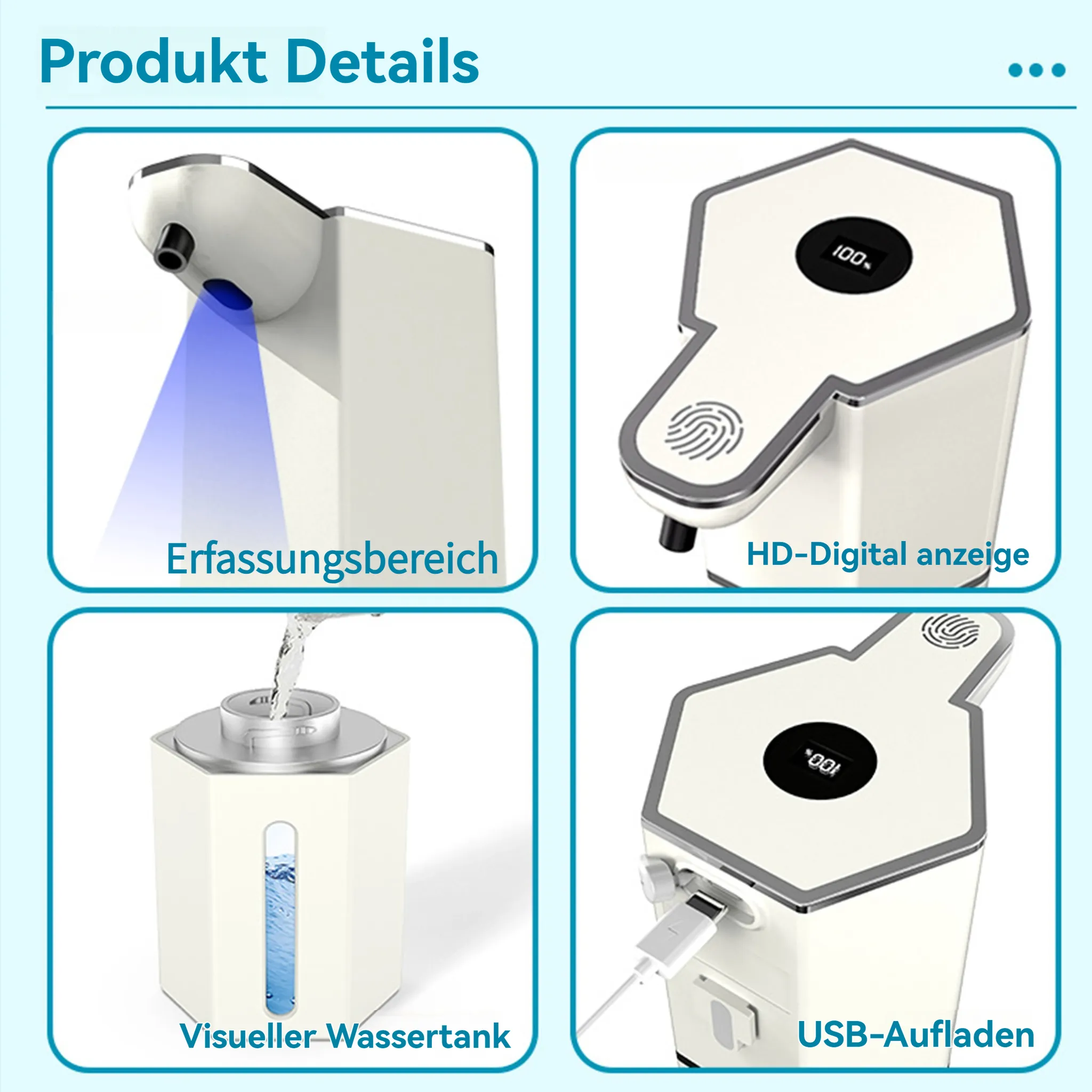 Produktdetails: Ein weißer Spender mit verschiedenen Ansichten, einschließlich Wassertank, Digitalanzeige und USB-Anschluss.