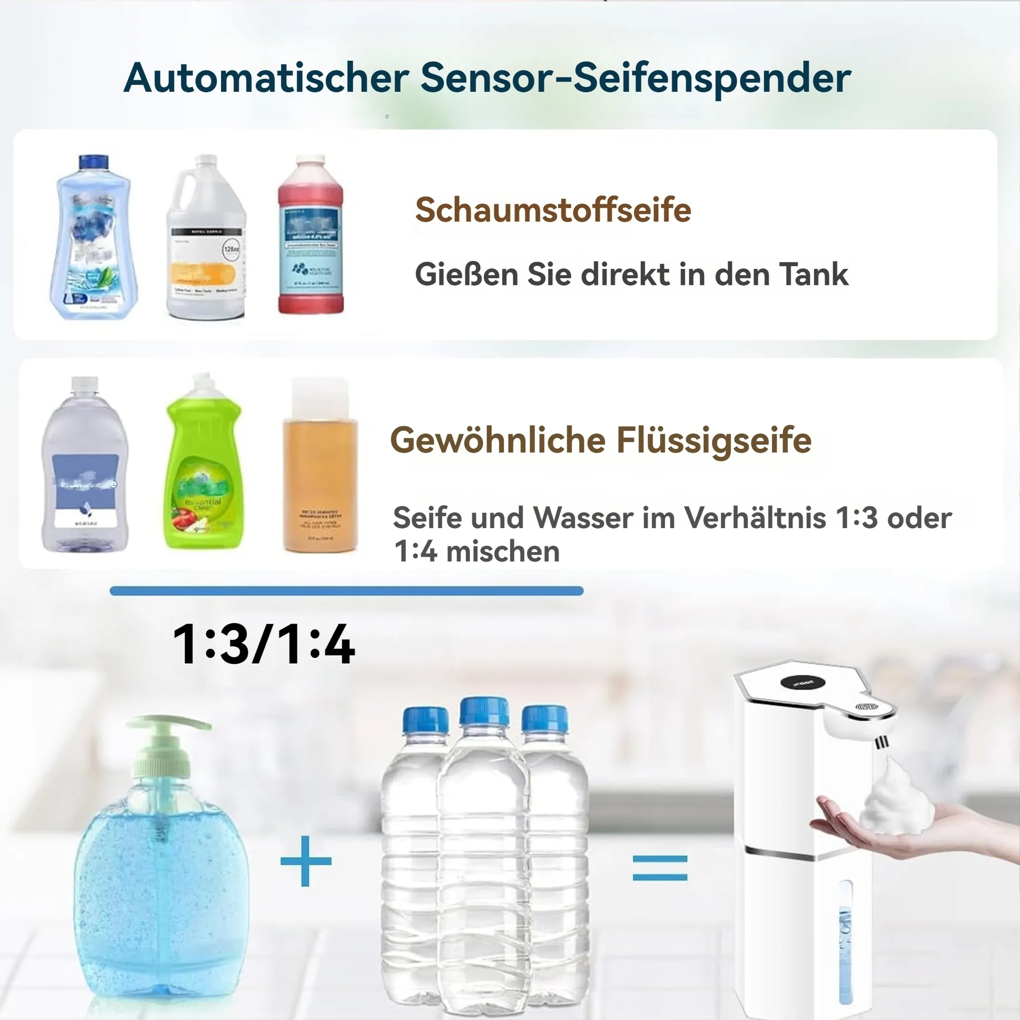 Das Bild zeigt Seifentypen und einen Seifenspender. Es beschreibt die Mischungsverhältnisse von Seife und Wasser.