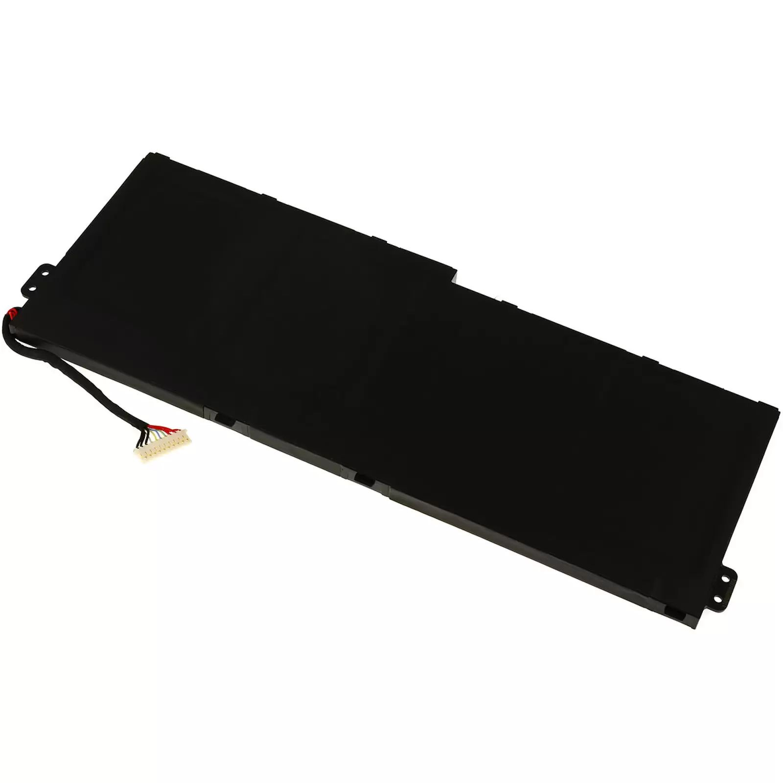Schwarzer Laptop-Akku mit angeschlossenem Kabel und weißem Stecker auf weißem Hintergrund.