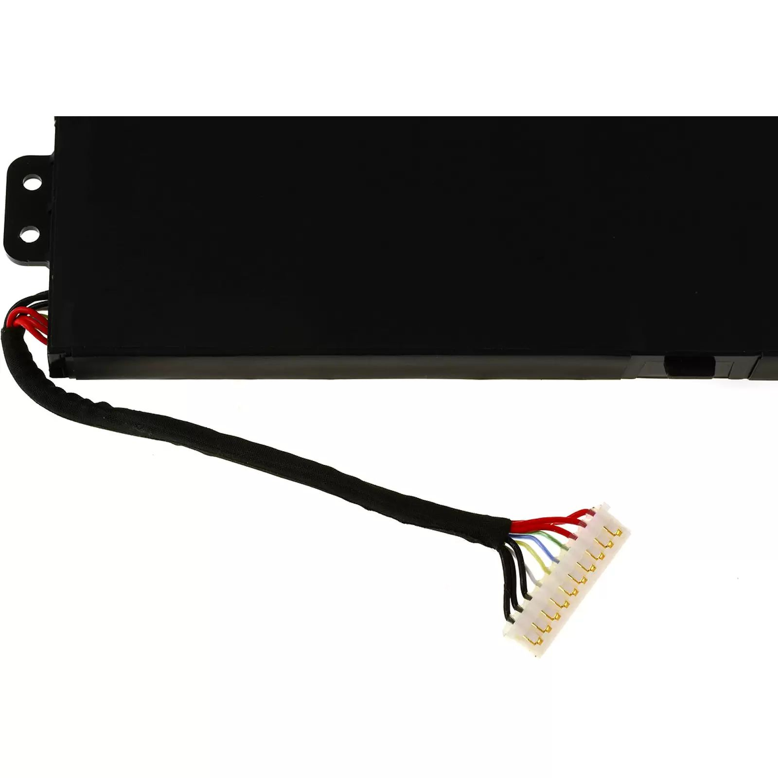 Schwarzes rechteckiges Objekt mit Stecker und Drähten. Der Stecker hat mehrere Stifte. Weißer Hintergrund.