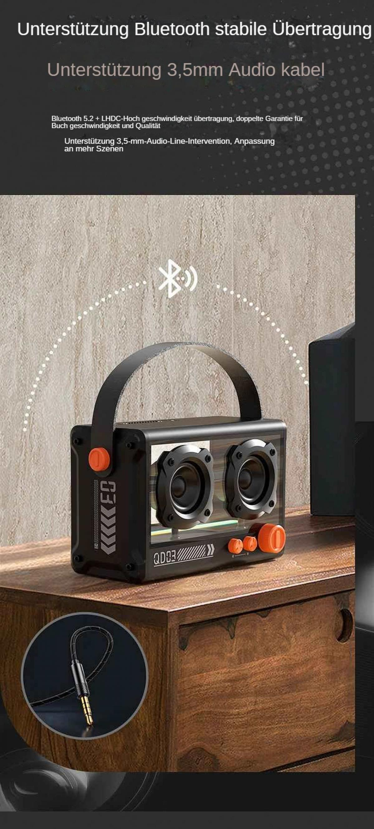 Ein schwarzer Lautsprecher mit orangefarbenen Akzenten steht auf einer Holzoberfläche. Ein 3,5-mm-Audiokabel befindet sich in einem kreisförmigen Einsatz.