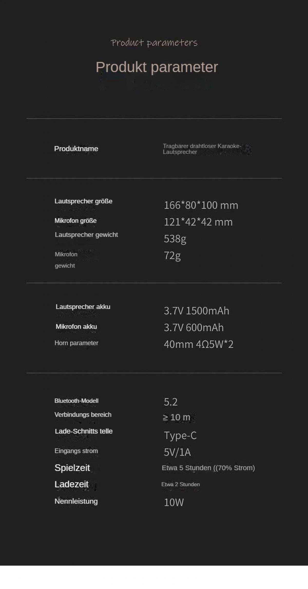 Ein Produktdatenblatt mit Details wie Lautsprechergröße, Akku und Spielzeit, auf Deutsch geschrieben.