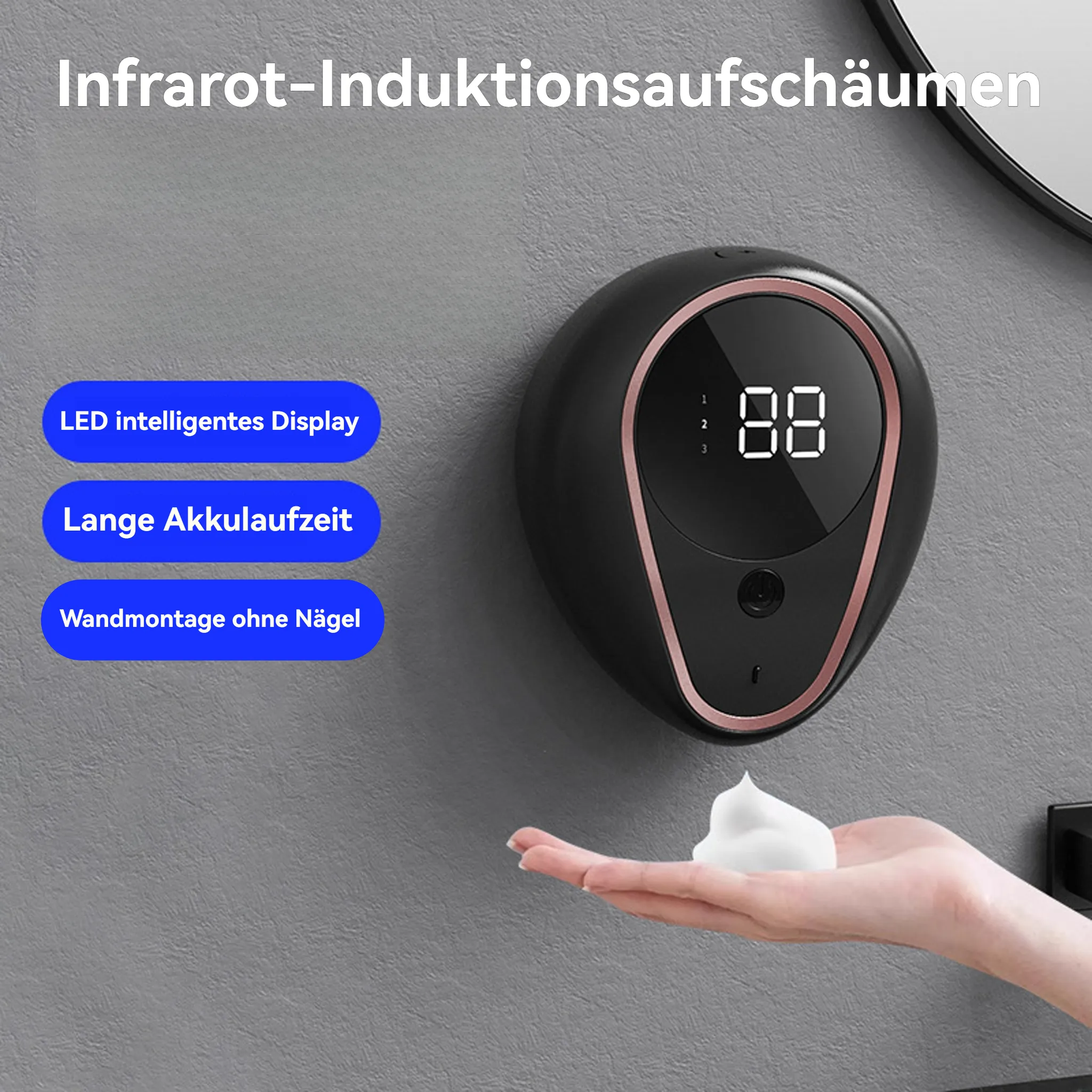 Schwarzer Seifenspender an grauer Wand. Eine Hand hält Schaum. Text: LED-Anzeige, lange Akkulaufzeit, nagelfreie Wandmontage.