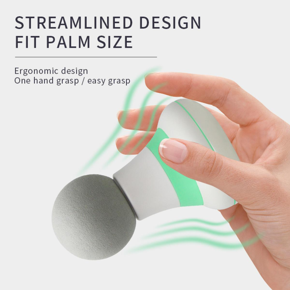 Eine Hand hält ein weiß-grünes Massagegerät mit einem grauen Ball. Der Text sagt: 'Streamlined Design Fit Palm Size'.