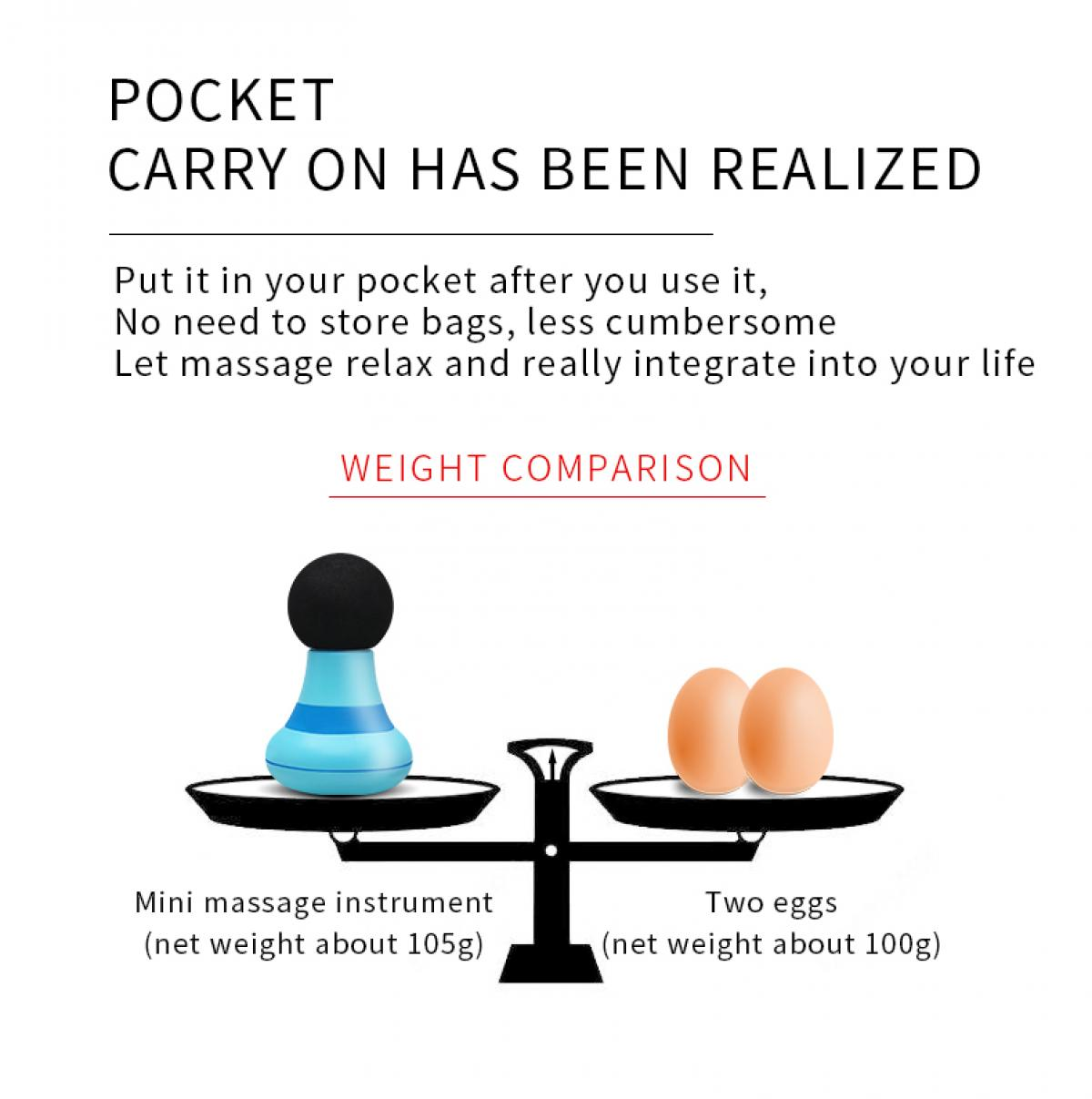 Das Bild zeigt einen Gewichtsvergleich: ein Massageinstrument und zwei Eier auf einer Waage. Text beschreibt Produktmerkmale.