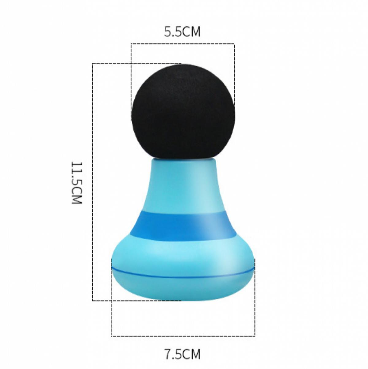 Ein Massagegerät mit einem schwarzen Ball oben und einem hellblauen Körper. Maße von 5,5 cm, 11,5 cm und 7,5 cm sind angegeben.