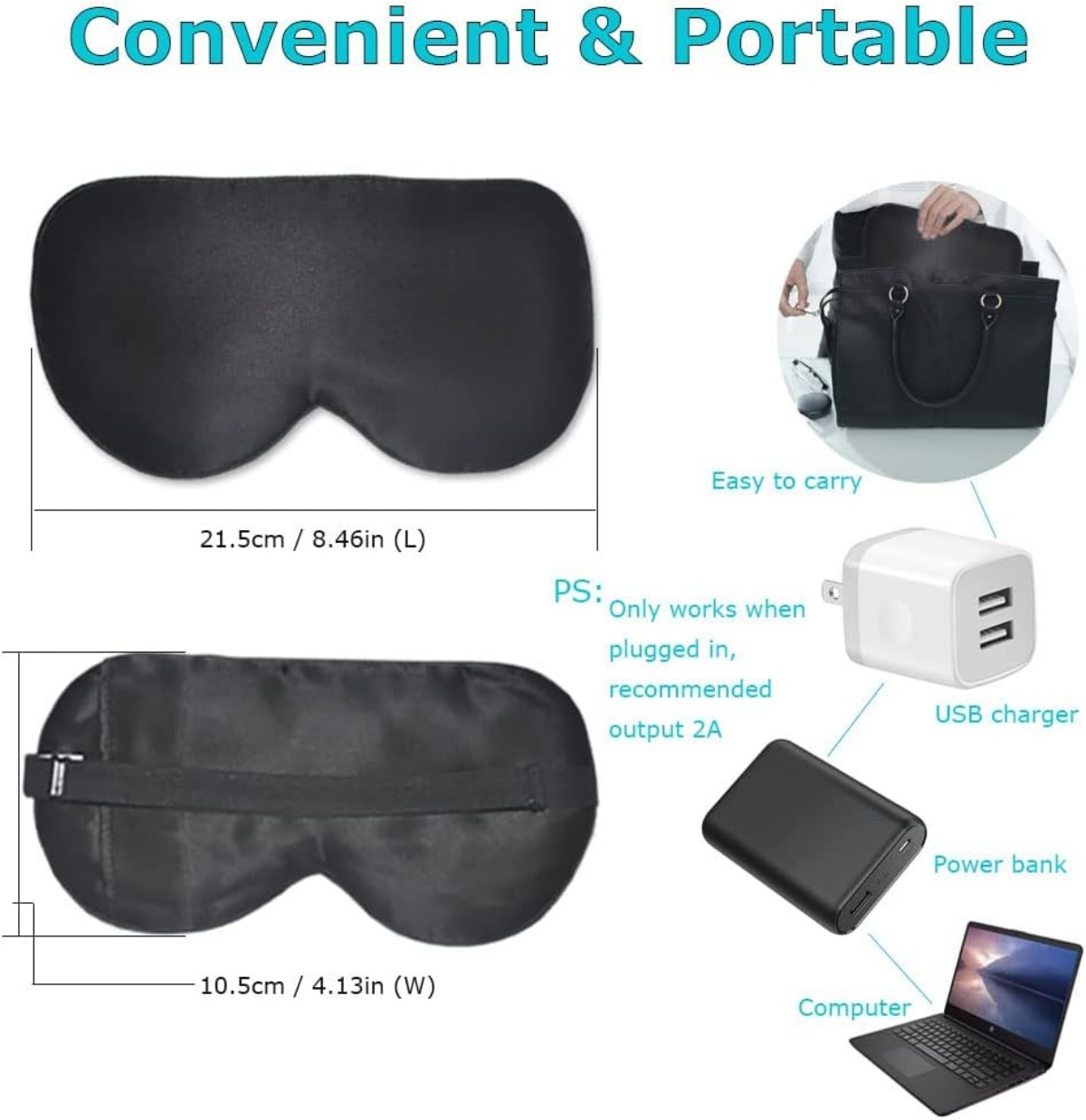 Das Bild zeigt eine schwarze Schlafmaske mit Maßen. Außerdem sind eine Tasche, ein Ladegerät, eine Powerbank und ein Laptop abgebildet.