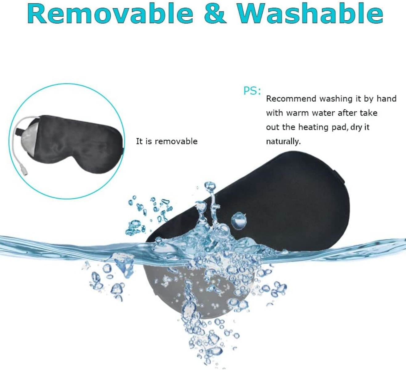 Eine schwarze Augenmaske im Wasser. Text sagt 'Abnehmbar & Waschbar'. Ein kleineres Bild zeigt eine Maske mit Kabel. Anweisungen gegeben.