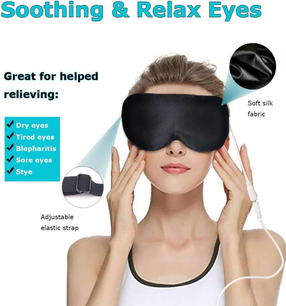Frau mit schwarzer Augenmaske. Text: 'Soothing & Relax Eyes'. Hilft bei trockenen, müden, schmerzenden Augen, Blepharitis und Gerstenkorn.