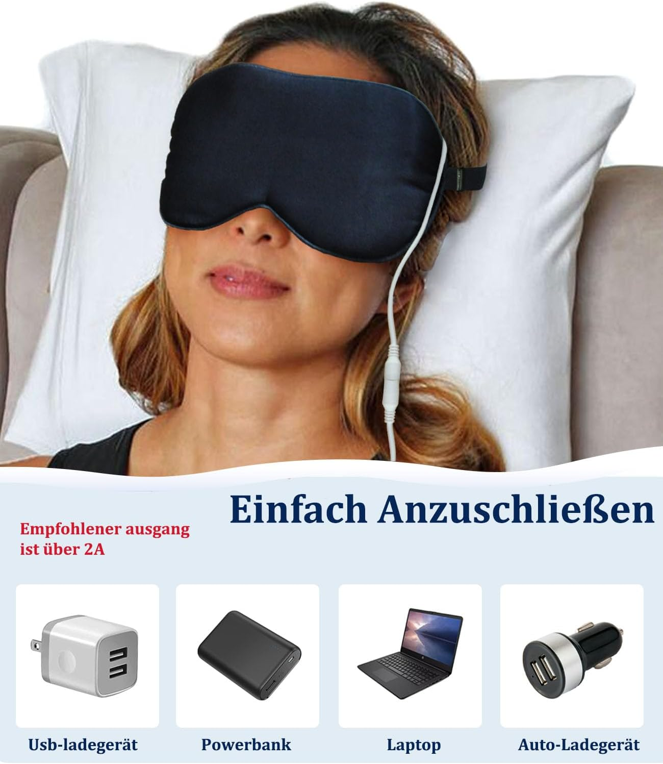 Eine Frau mit schwarzer Augenmaske liegt auf einem Kissen. Darunter befinden sich Symbole: Ladegerät, Powerbank, Laptop und Autoladegerät.
