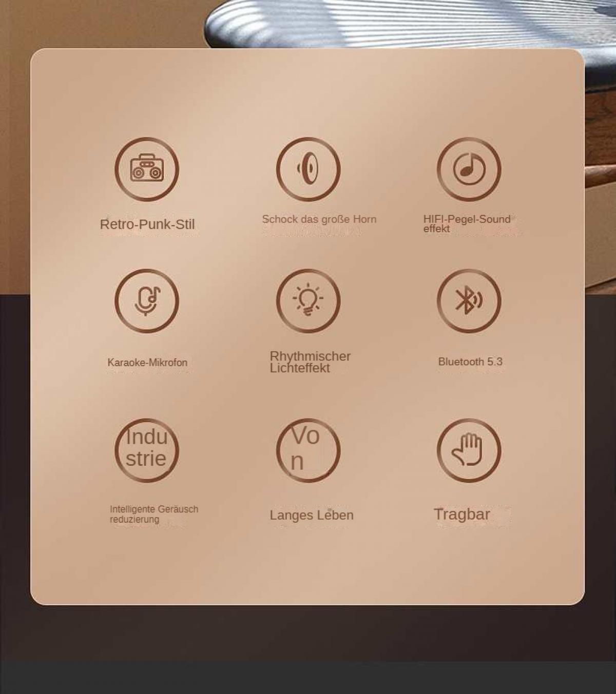 Ein beiger Hintergrund mit 9 Symbolen und Text, der Funktionen anzeigt: Retro-Stil, Horn, Soundeffekt, Karaoke, Lichteffekt, Bluetooth, Geräuschreduzierung.