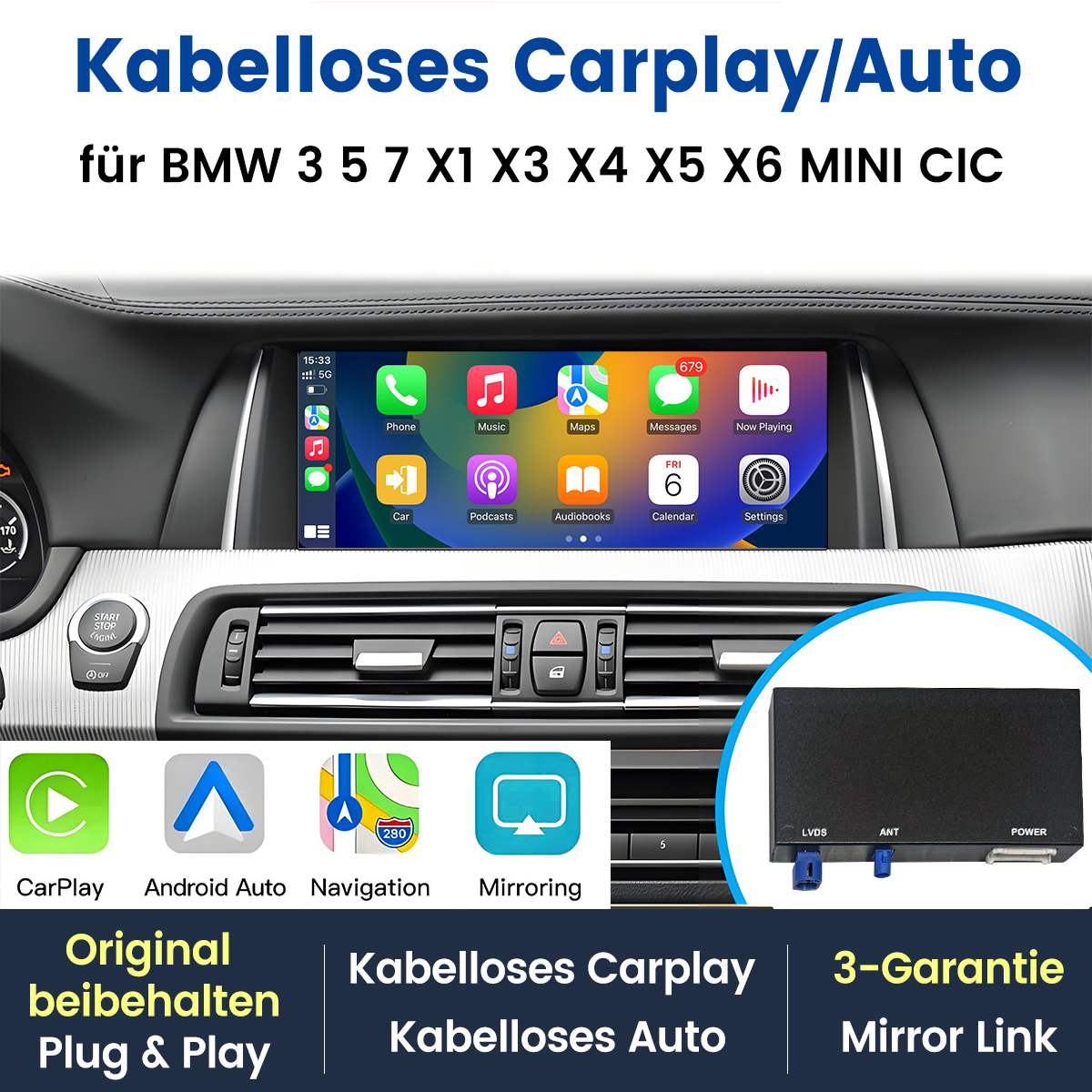 Auto-Dashboard mit CarPlay-Oberfläche und App-Symbolen. Darunter Symbole für CarPlay, Android Auto, Navigation und Mirroring.