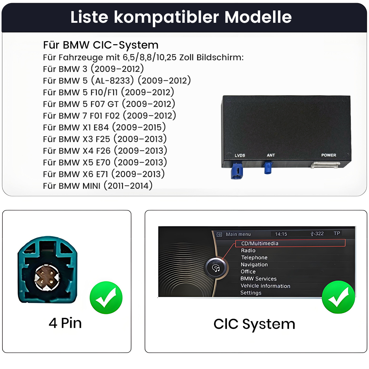 Das Bild zeigt kompatible BMW-Modelle und eine CIC-System-Schnittstelle, sowie einen 4-Pin-Anschluss und eine CIC-System-Schnittstelle mit Häkchen.