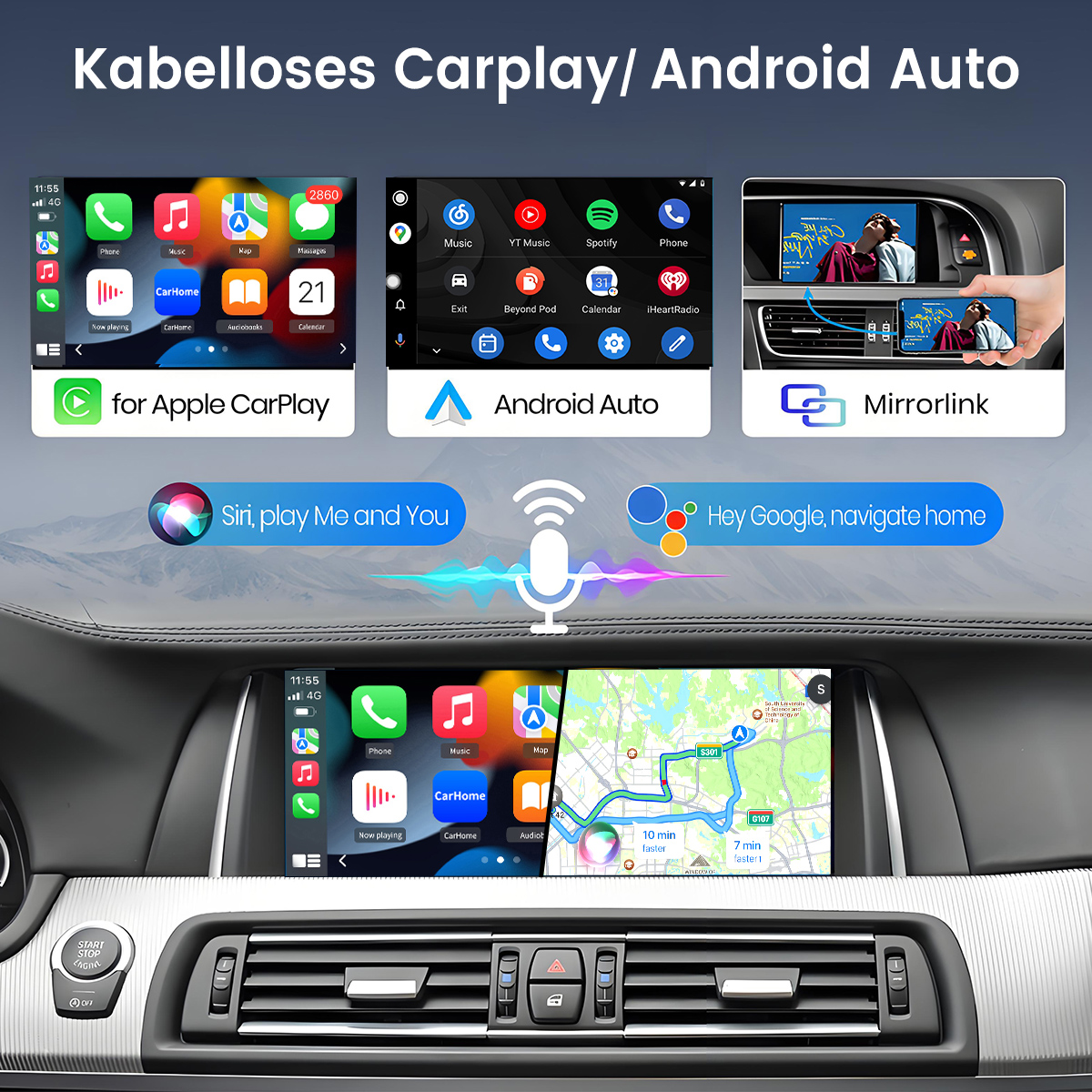 Auto-Schnittstelle mit Apple CarPlay, Android Auto und Mirrorlink. Zeigt Apps und Navigation auf dem Bildschirm des Autos.