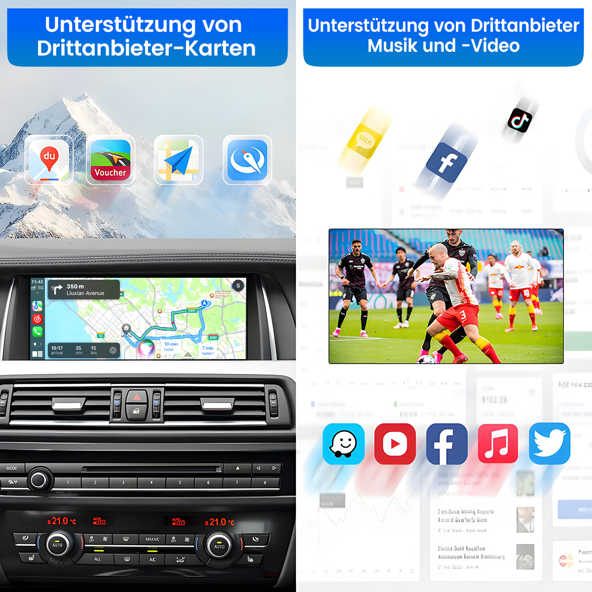 Autoinstrumententafel mit Navigation, Apps und Klimaanlage. Oben App-Symbole und Musik-/Video-Unterstützung. Ein Fußballspiel wird auch angezeigt.
