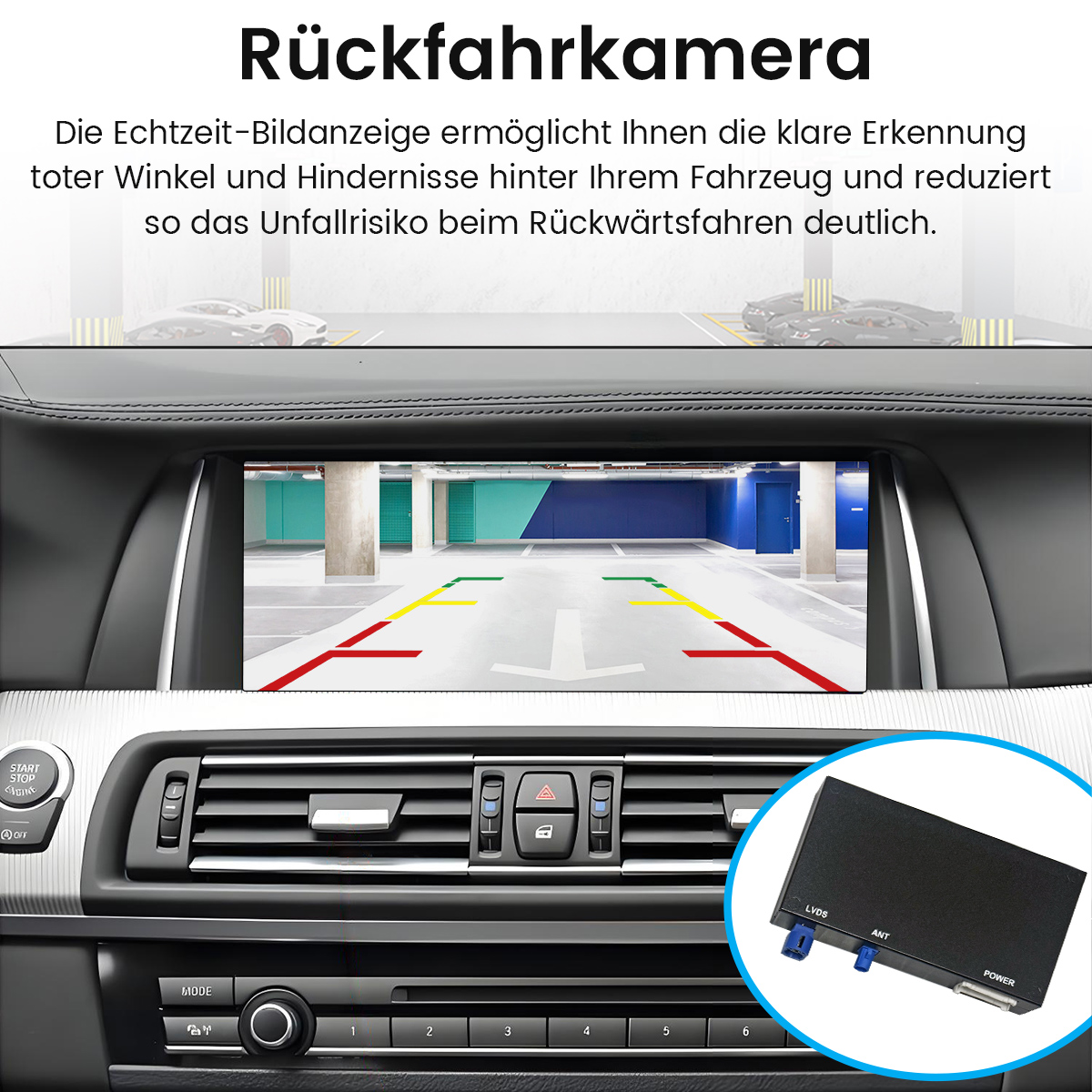 Armaturenbrett mit Bildschirm, der eine Parkhausansicht zeigt. Text oben: 'Rückfahrkamera'.