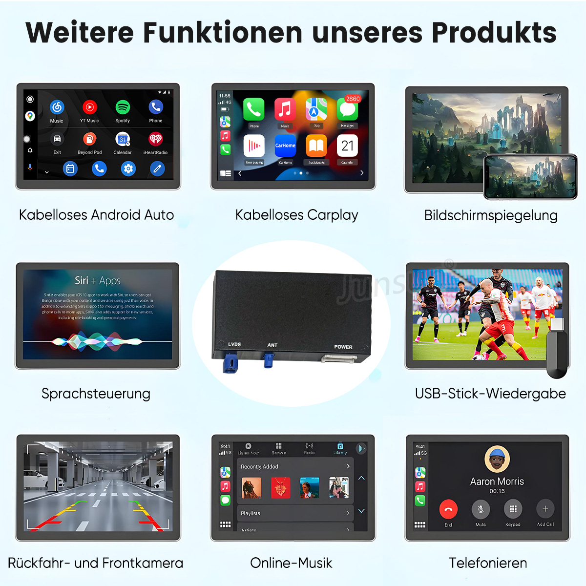 Eine Produktanzeige mit verschiedenen Funktionen: Android Auto, CarPlay, Bildschirmspiegelung, Siri, USB-Wiedergabe und mehr.