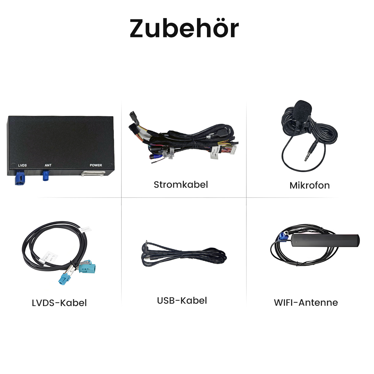 Das Bild zeigt Autozubehör: eine schwarze Box, Kabel, Mikrofon und WIFI-Antenne. Text lautet 'Zubehör'.