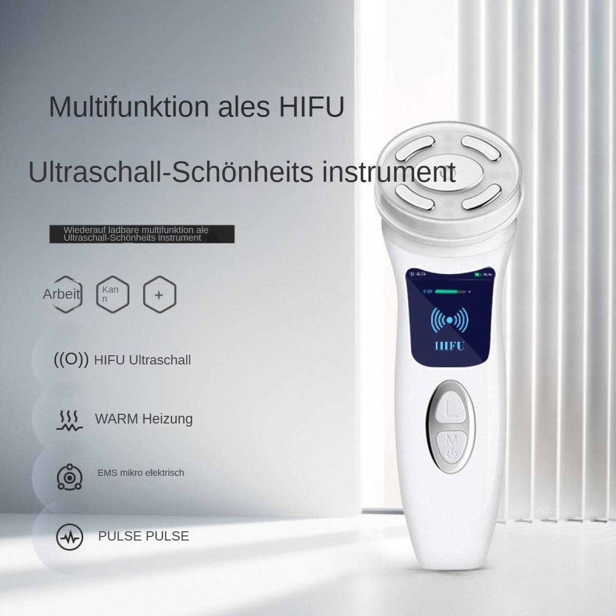 Weißes HIFU-Schönheitsinstrument mit Bildschirm, der 'HIFU' anzeigt. Text enthält 'Multifunktion' und technische Funktionssymbole.
