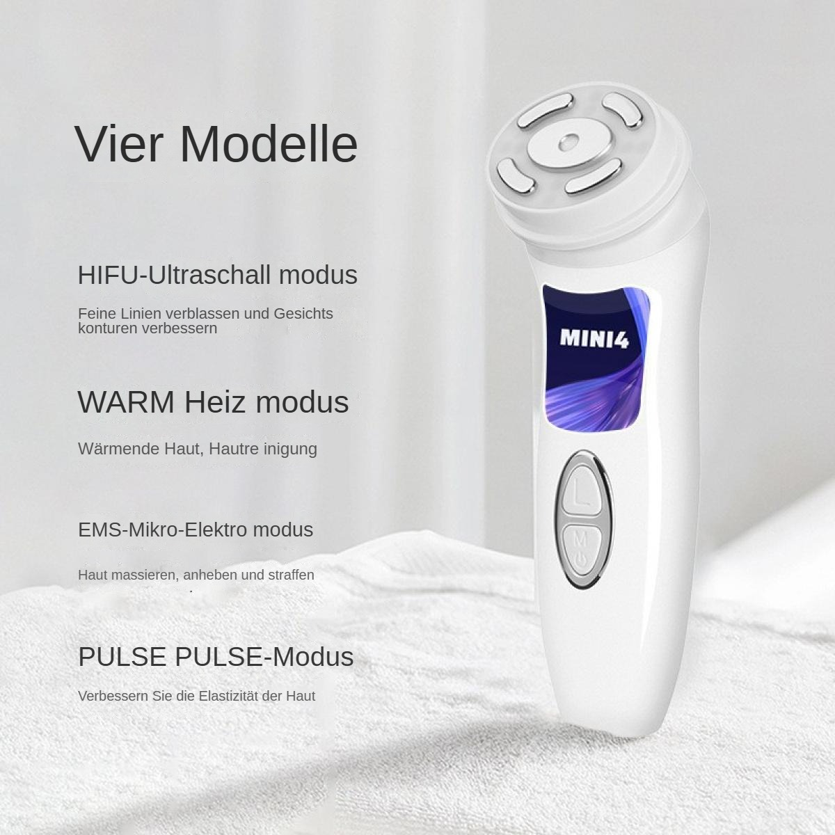 Ein weißes Gesichtspflegegerät, beschriftet MINI4, mit Knöpfen und rundem Kopf. Text beschreibt Modi: HIFU, Warm, EMS und Puls.