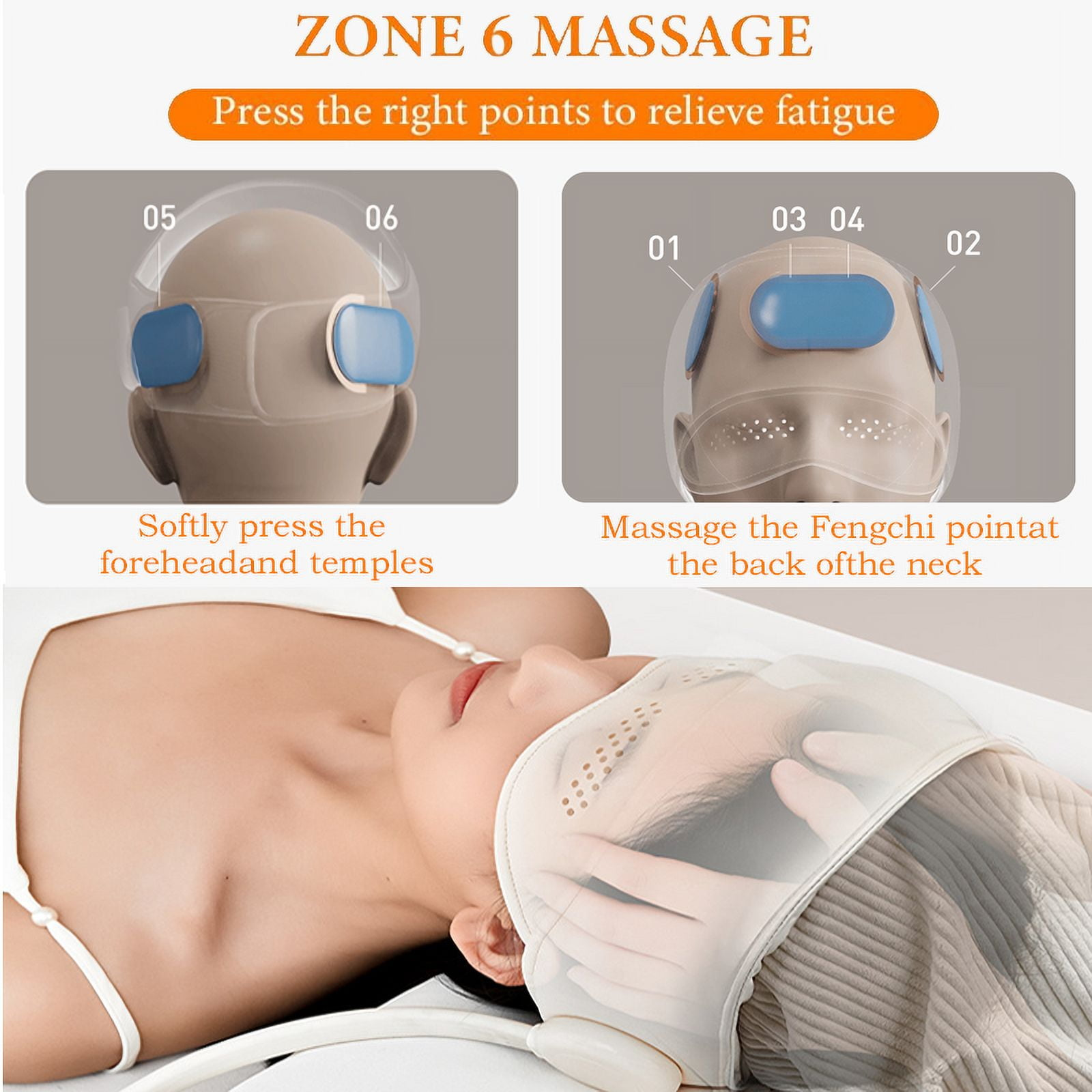 Das Bild zeigt eine Anwendung eines Kopfmassagegeräts. Gebrauchsanweisungen werden mit Diagrammen dargestellt.