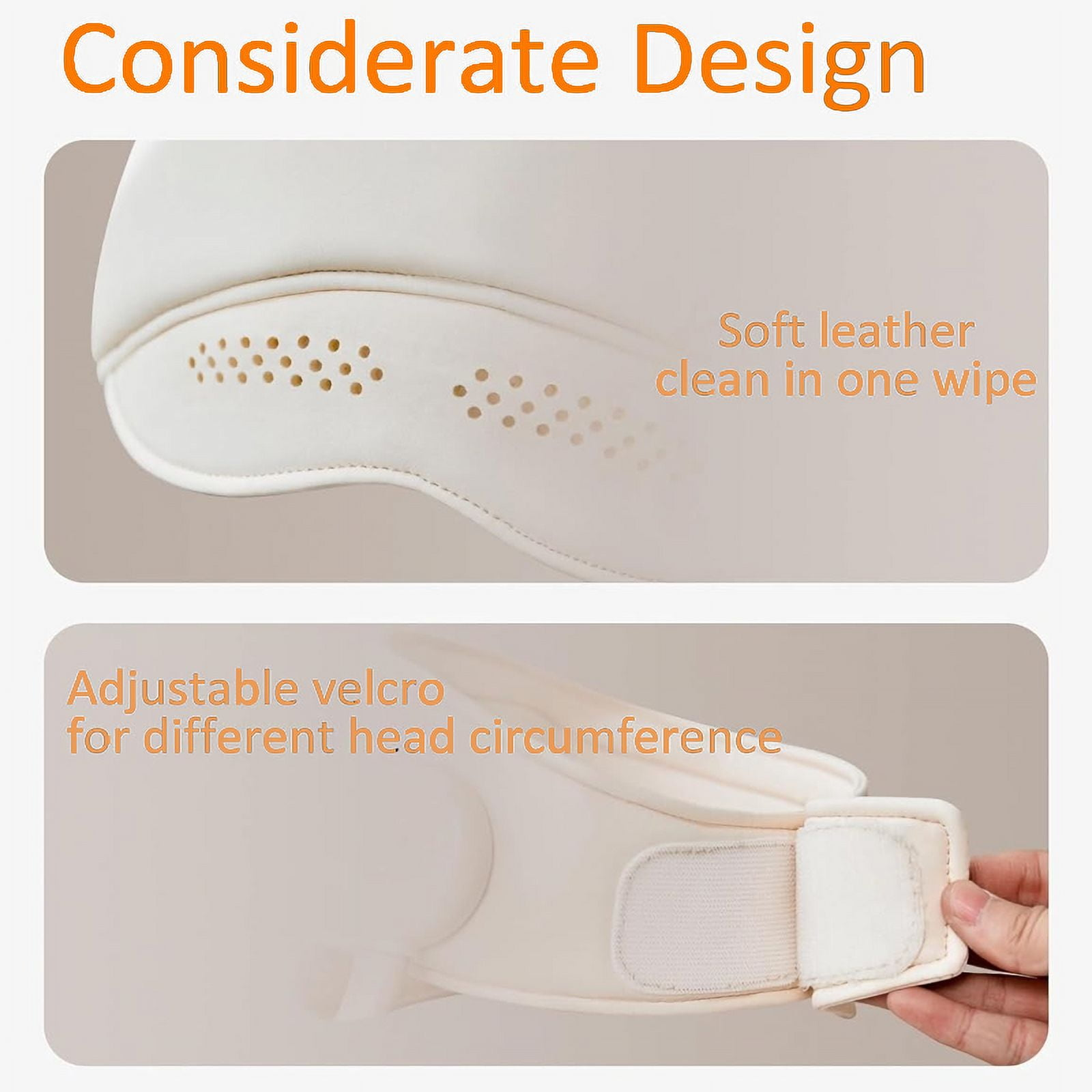 Weiße Kopfstütze mit Text: 'Considerate Design'. Zeigt weiches Leder und verstellbaren Klettverschluss für Kopfgrößen.